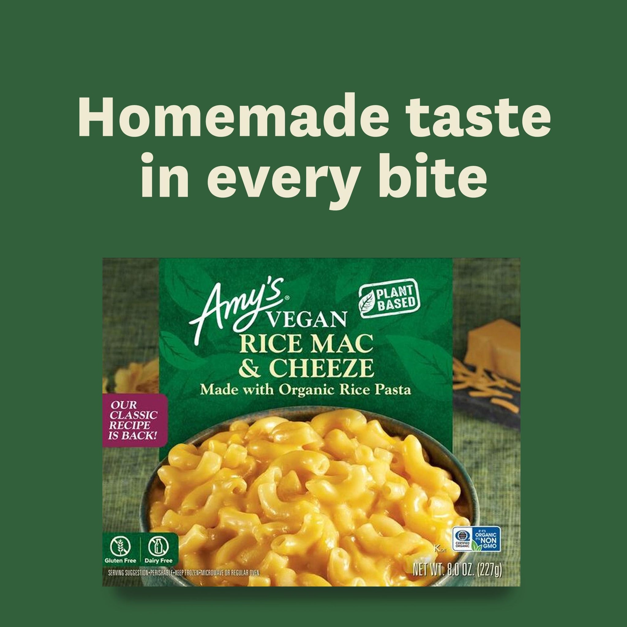 Amy's Frozen Meals, Gluten Free Dairy Free Vegan Rice Mac and Cheeze, Made With Organic Rice Pasta, Microwave Meals, 8 Oz