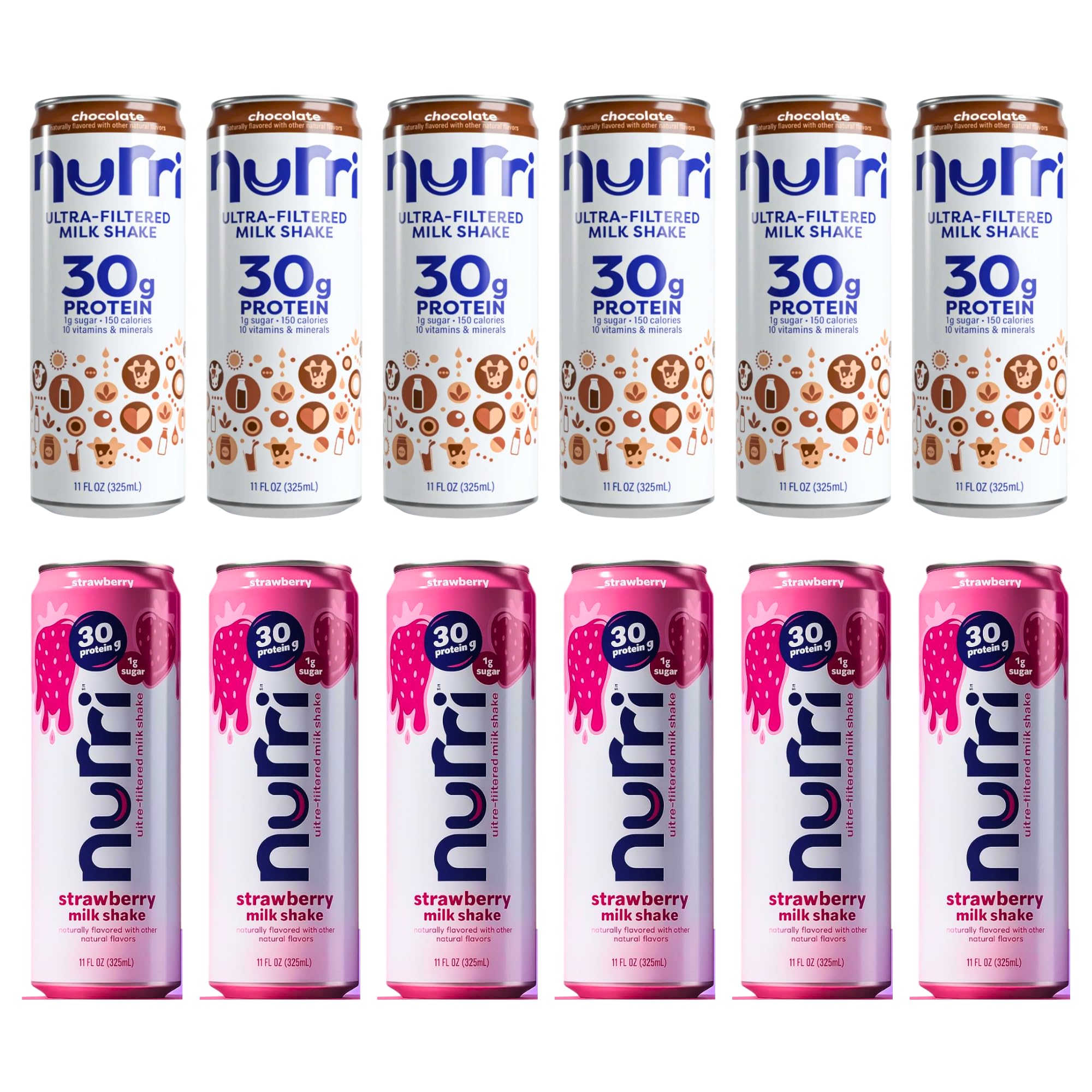Nurri Ultra-Filtered Protein Shakes (12 Pack) - 6 Chocolate & 6 Strawberry - 30g Protein, 150 Calories, Low Sugar - Lactose Free Ready to Drink