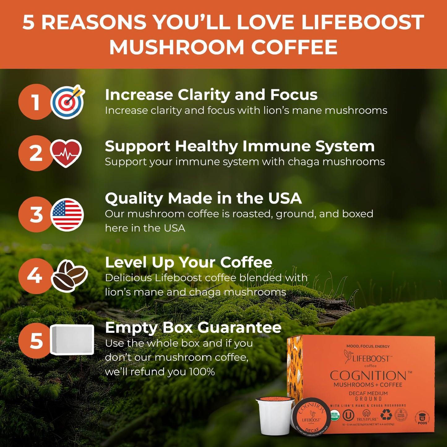 Lifeboost Cognition Decaf Mushroom Coffee Pods - Organic Low Acid Decaf K-Cups with Lion’s Mane & Chaga Adaptogens - Nootropic Coffee for Focus