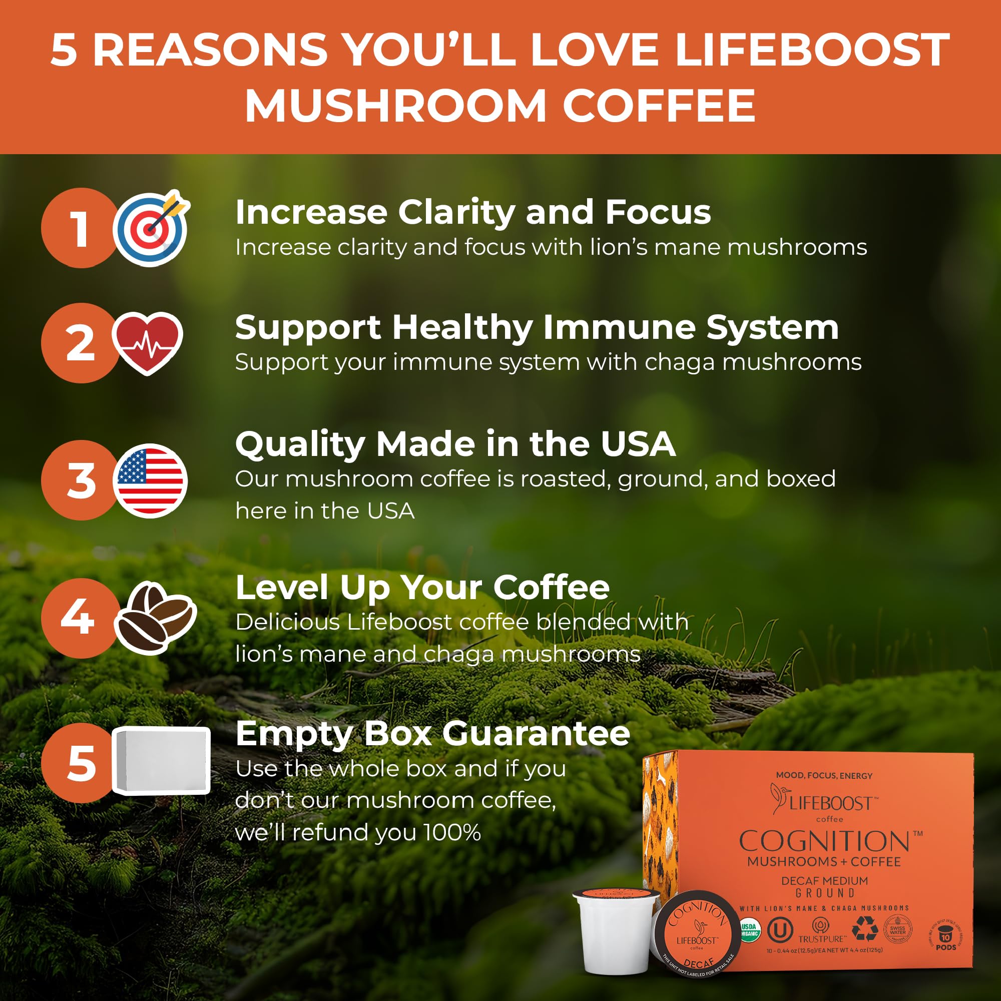 Lifeboost Cognition Decaf Mushroom Coffee Pods - Organic Low Acid Decaf K-Cups with Lion’s Mane & Chaga Adaptogens - Nootropic Coffee for Focus