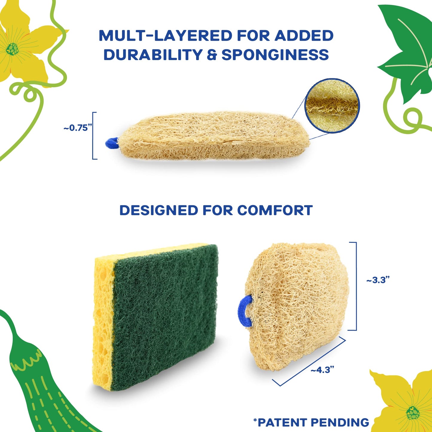 Qucurby All Natural Loofah Kitchen Sponges (3 Pack) - Eco Friendly - Compostable & Biodegradable - Natural Sponges for Dishes (Paper Bag Packaging)