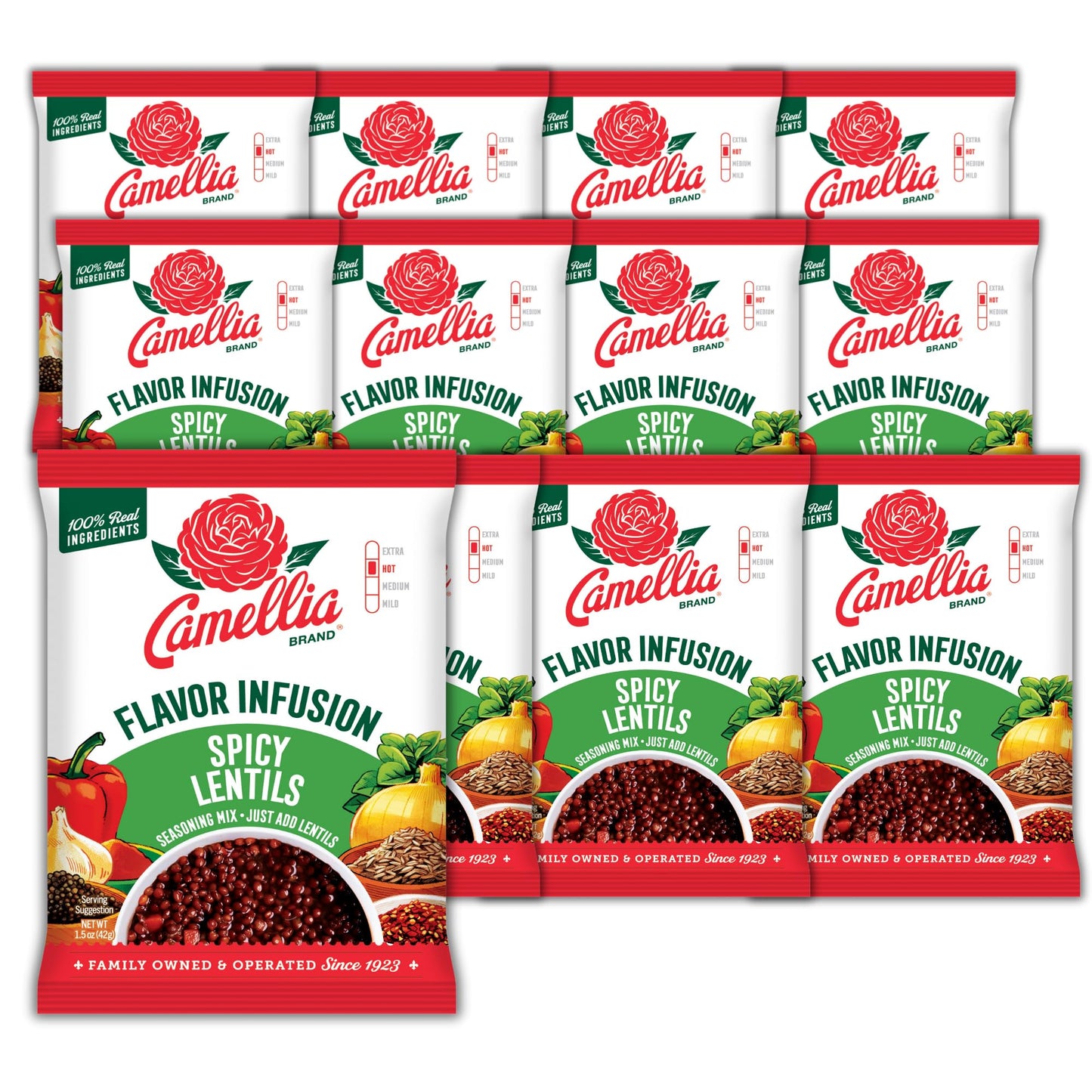 Camellia Beans Spicy Lentils Flavor Infusion Seasoning Mix - Savory Cumin, Garlic & Chili Blend with Vegetables - All-Natural, Non-GMO, No MSG