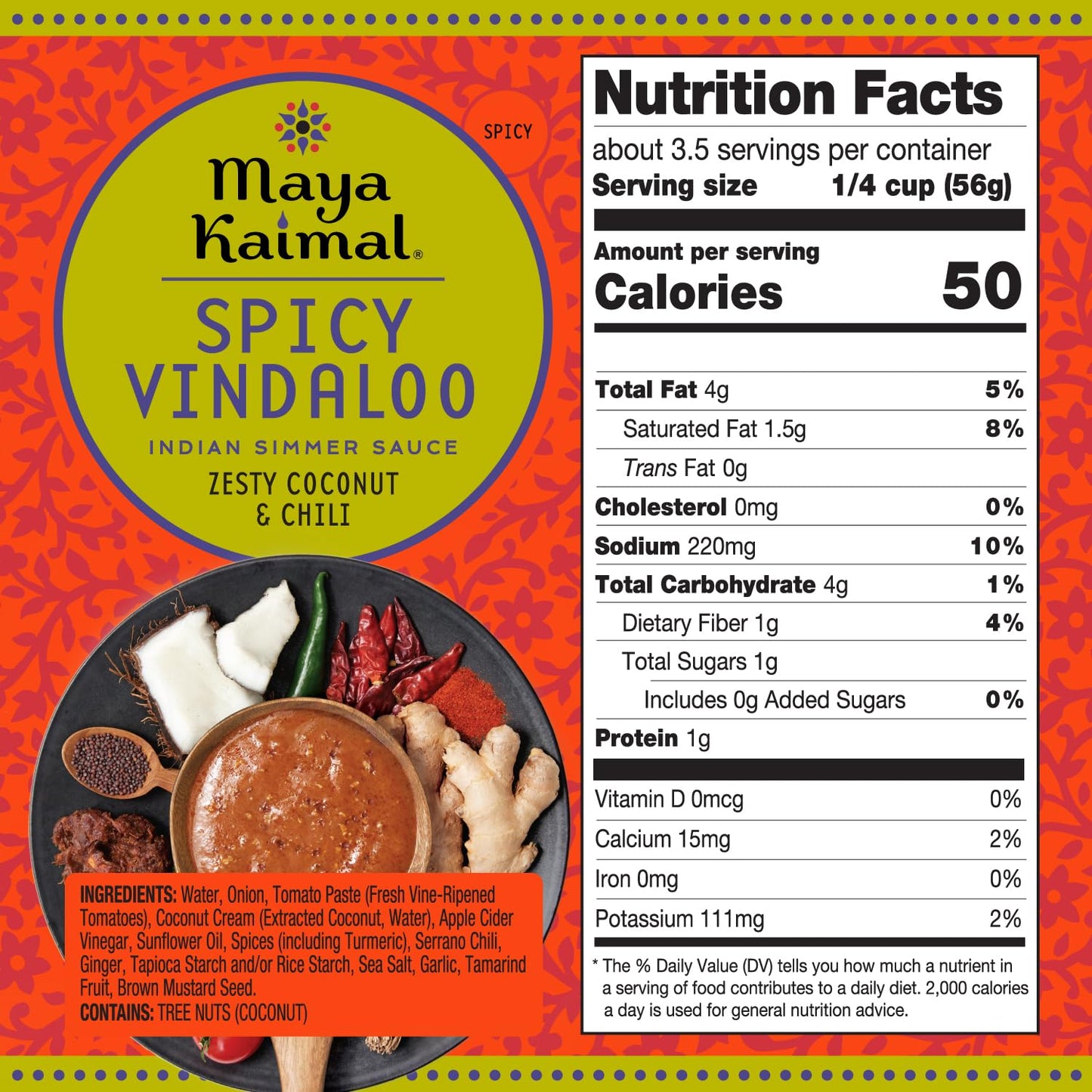 MAYA KAIMAL Spicy Vindaloo Simmer Sauce | 7oz Easy Pour Pouch | Spicy Indian Simmer Sauce with Zesty Coconut and Chili, Vegan, Gluten Free,