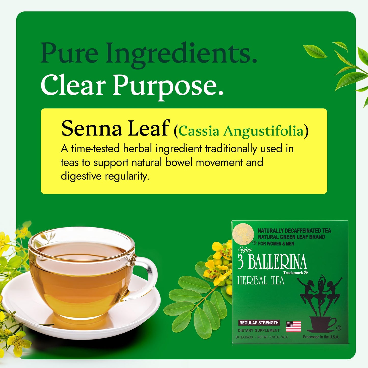 3 Ballerina Natural Green Leaf Brand Naturally Caffeine Free Diet Tea for Women & men (Regular Strength/30 bags, 3 Packs)