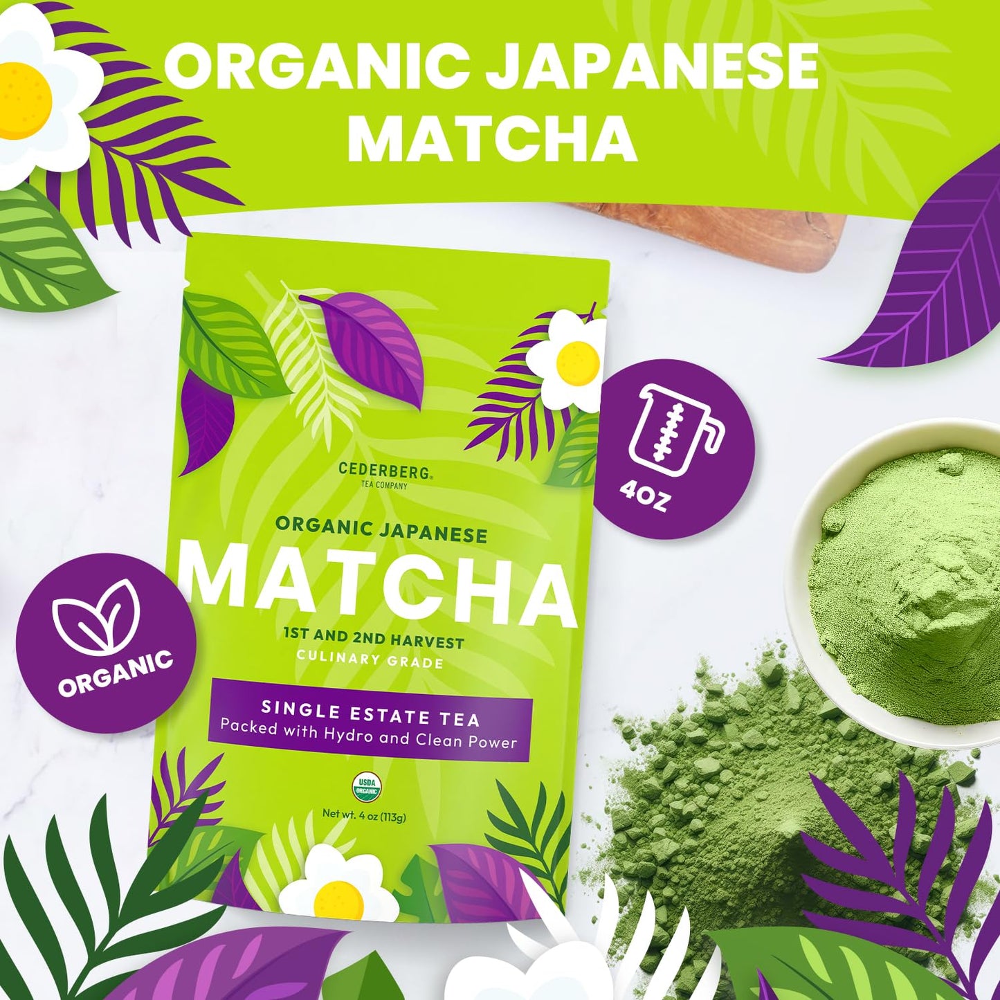 Cederberg Tea Company Organic Japanese Matcha - Single Estate First & Second Harvest from Japan | 4 oz., 113 gm, Premium Green Tea, Antioxidant-Rich