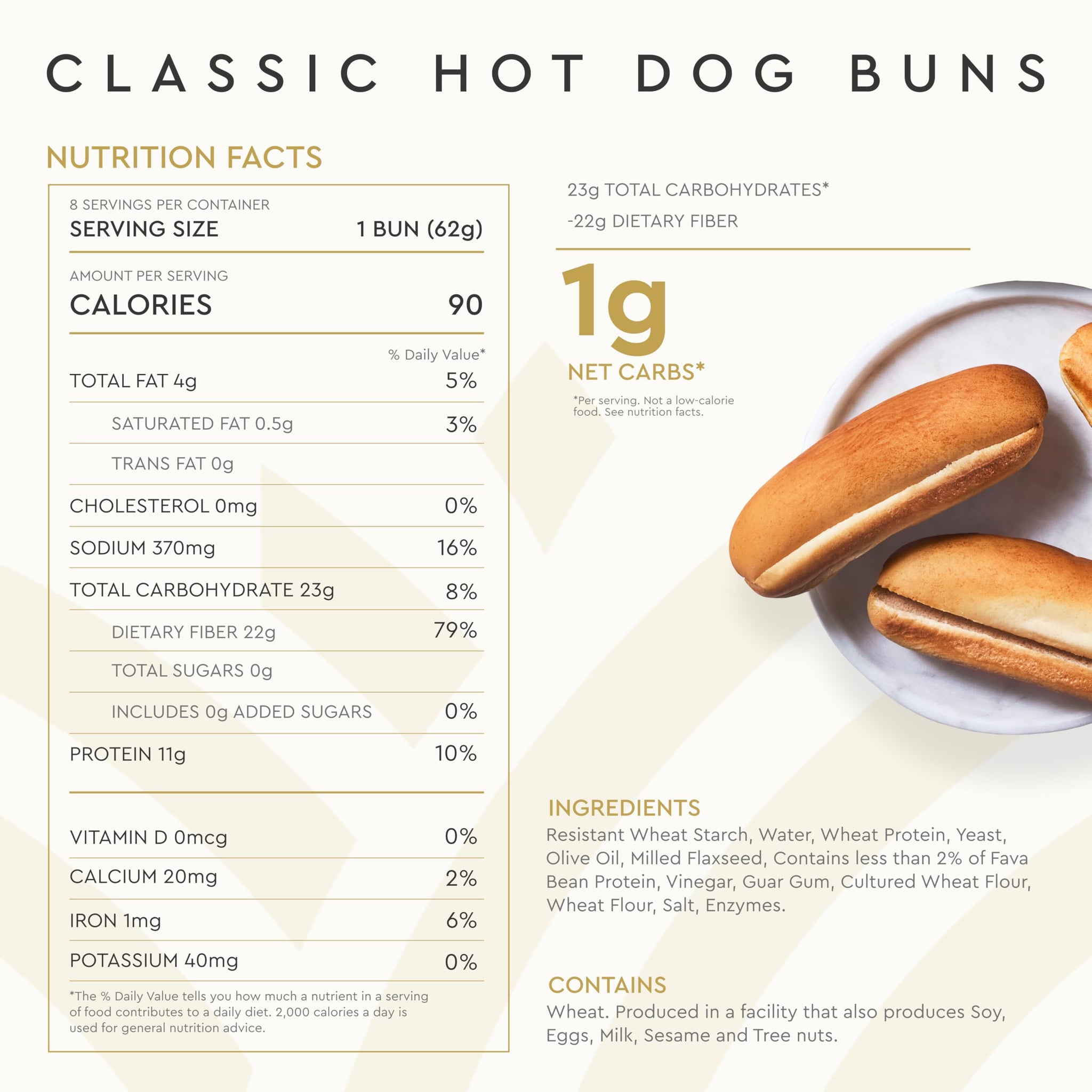 Hero Classic Hot Dog Bun - Delicious Rolls & Net Low Carb Hot Dog Buns | High Fiber, 1g Net Carbs, 0g Sugar & 90 Calories Per Serving | (16 Buns, Pack