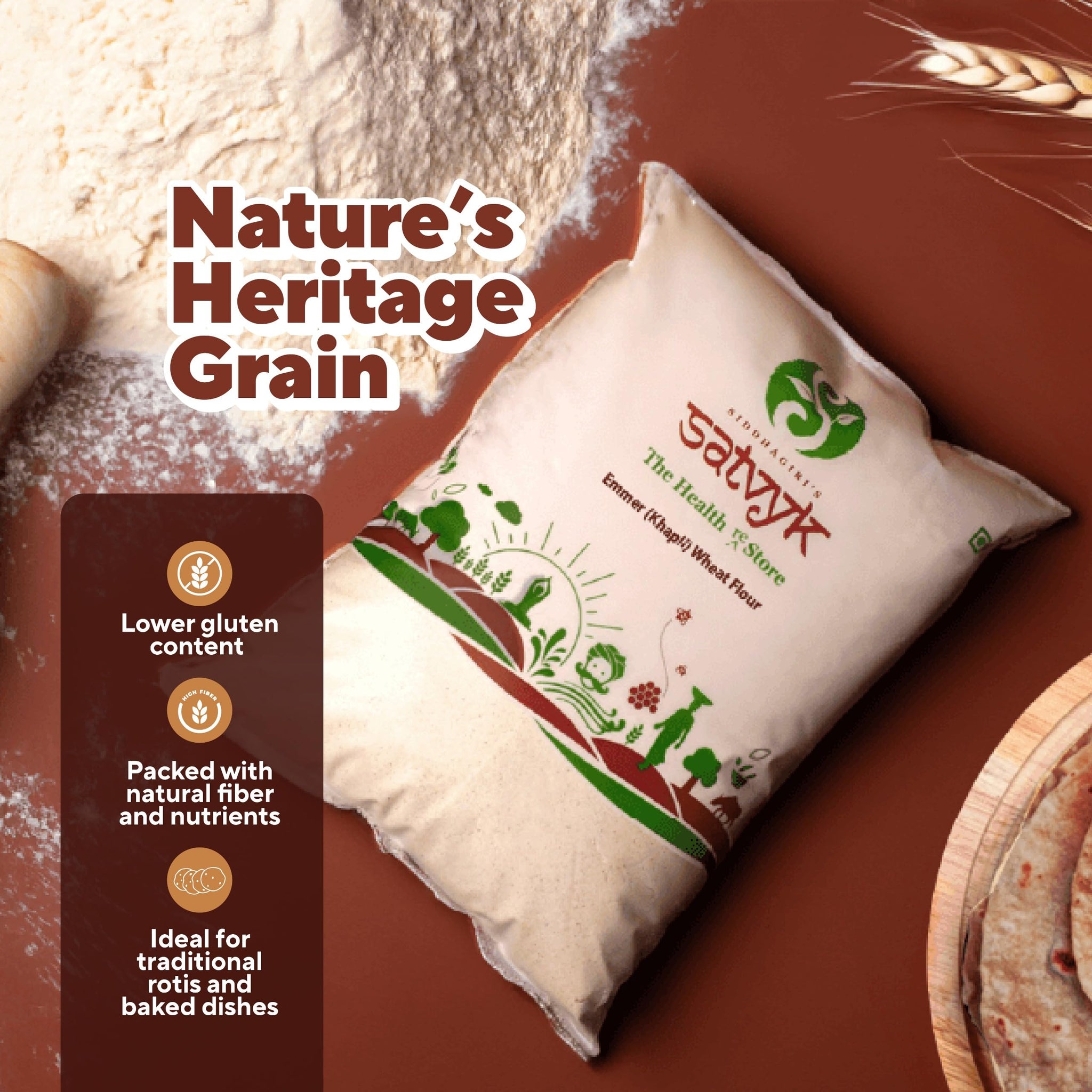 S Siddhagiri's SATVYK THE HEALTH re STORE Khapli Wheat Flour (Set of 3-3kg) - Stoneground Khapli Atta | Easy to Digest | Fiber Rich Whole Wheat Flour