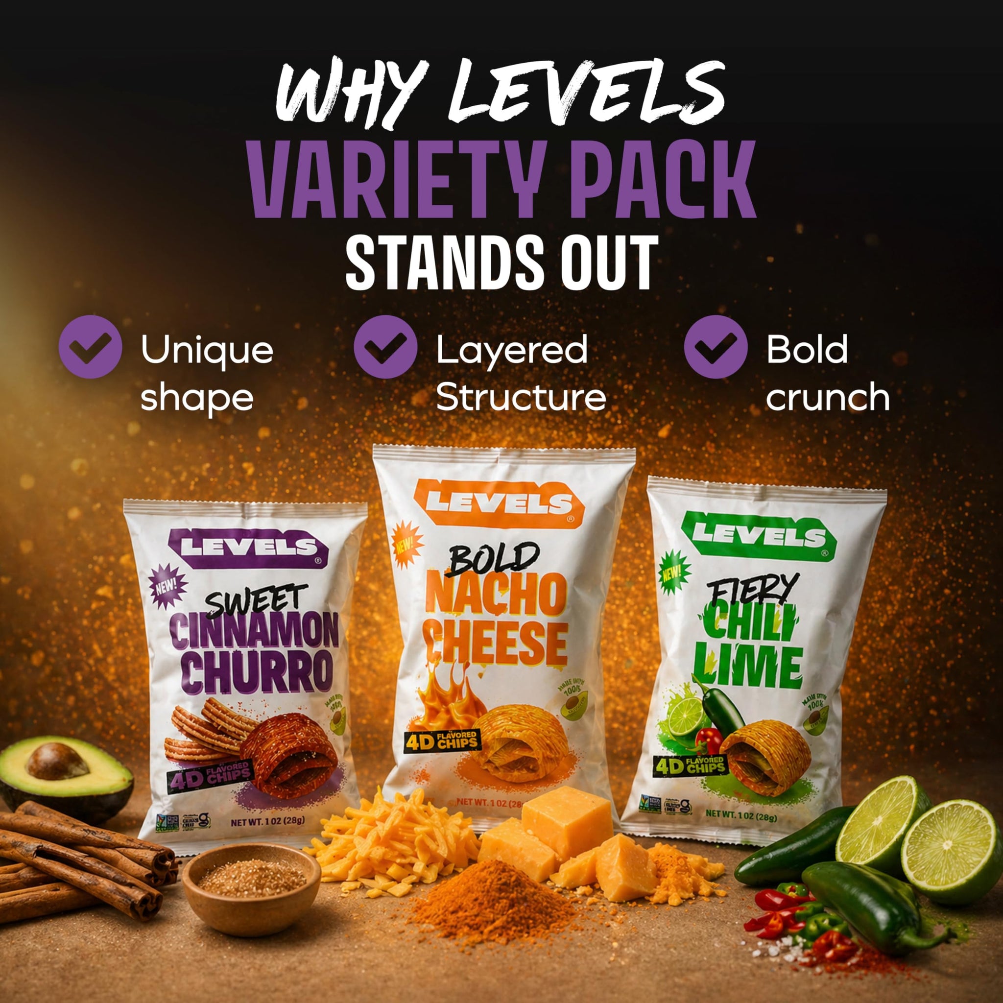 LEVELS 4D Sweet Cinnamon Churro Chips, Nacho Cheese & Chili Lime (12-Pack) by Brent Rivera - Gluten-Free, Non-GMO, Crispy Avocado Oil Chips - Corn