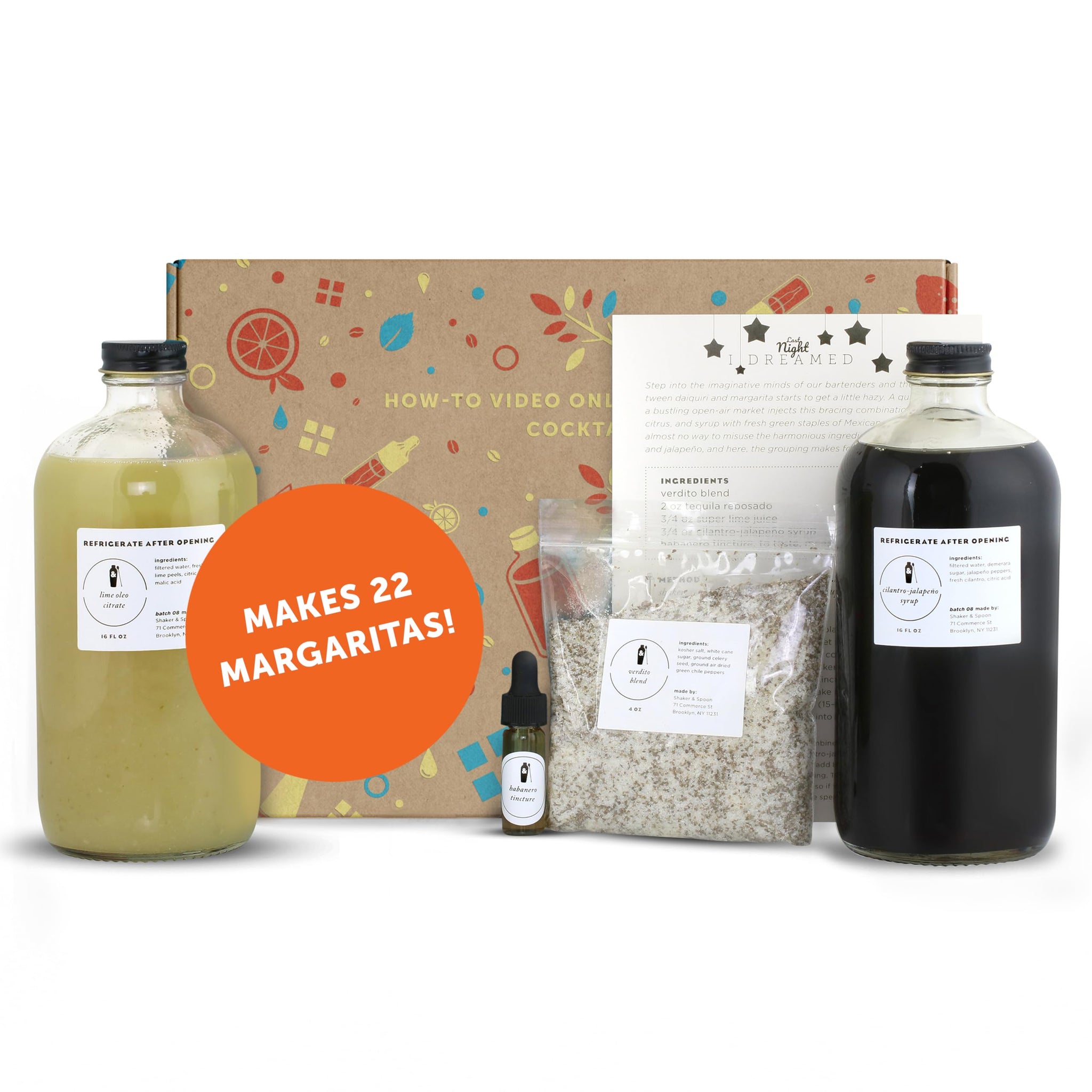 Shaker & Spoon Margarita Cocktail Kit Gift Set, Party Pack with 16oz Lime Oleo Citrate, 16oz Margarita Cocktail Syrup, Spicy Habenero Spray, Salt