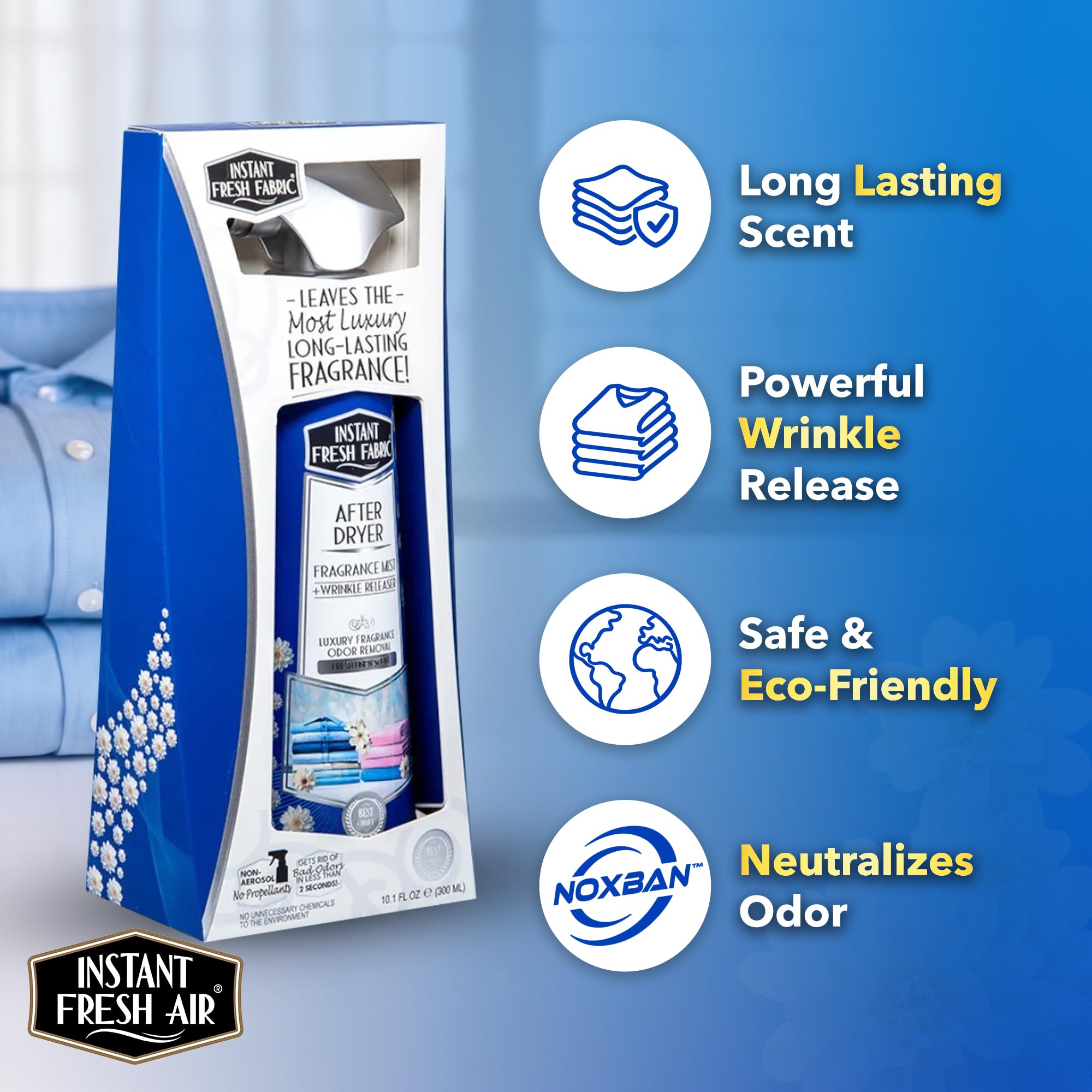 Instant Fresh Air After Dryer Fabric Freshener & Wrinkle Release Spray - For Clothes & Laundry - Luxury Fragrance Odor Remover & Wrinkle Releaser