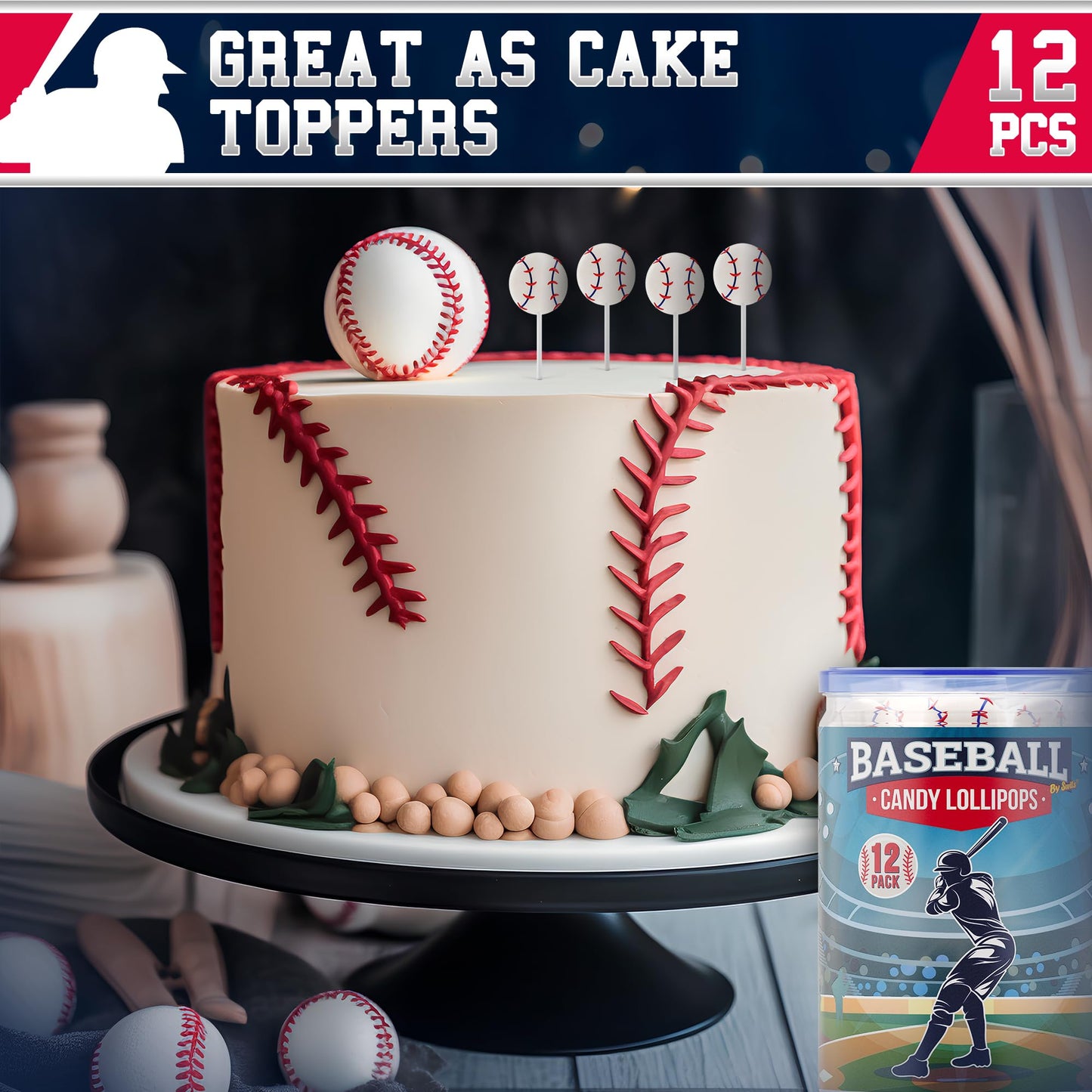Baseball Lollipops 12pk- Baseball Sucker Lollipops Baseball Candy As Baseball Party Favors & Baseball Goodie Bags - Baseball Snacks,Baseball Favors