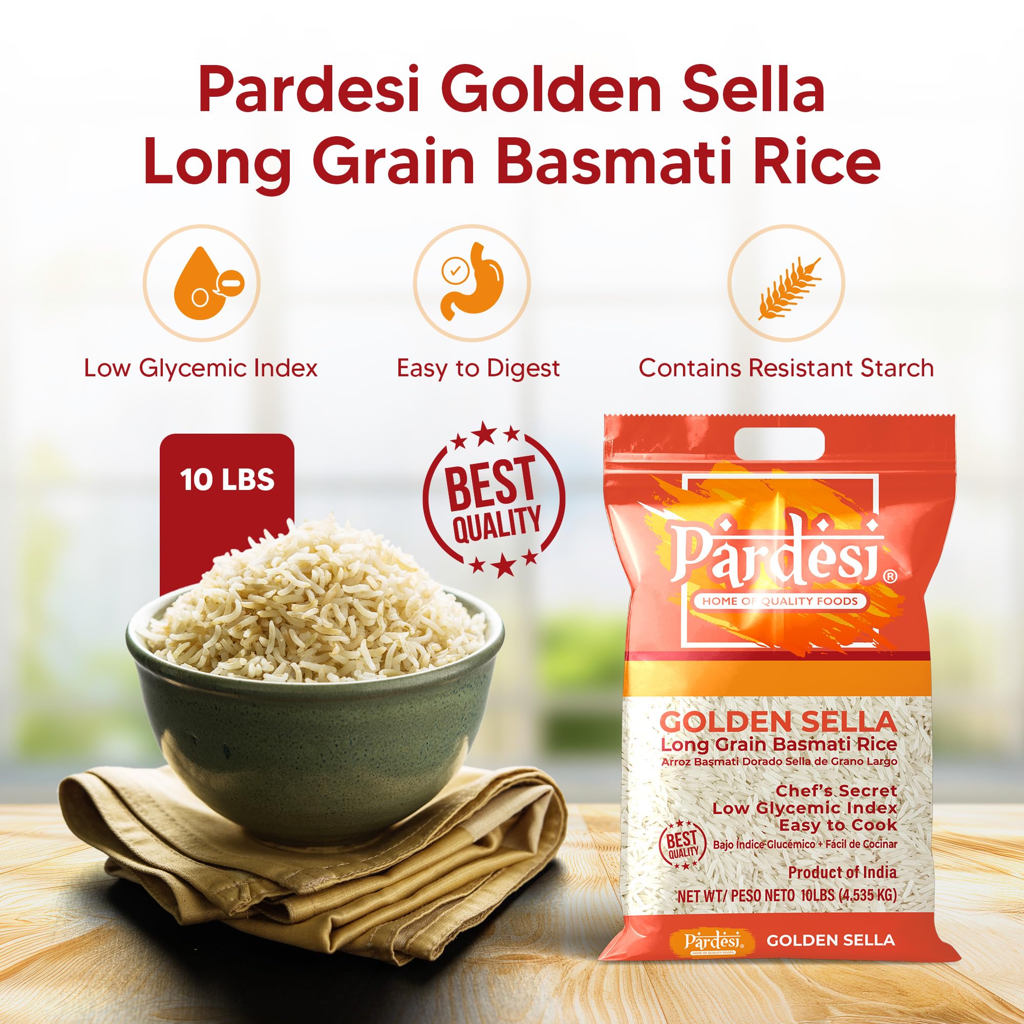 Pardesi Golden Sella Basmati Rice 10LB - Golden Sella Basmati for Biryani, Pulao & Everyday Rice | Halal, Non-GMO | Premium Quality