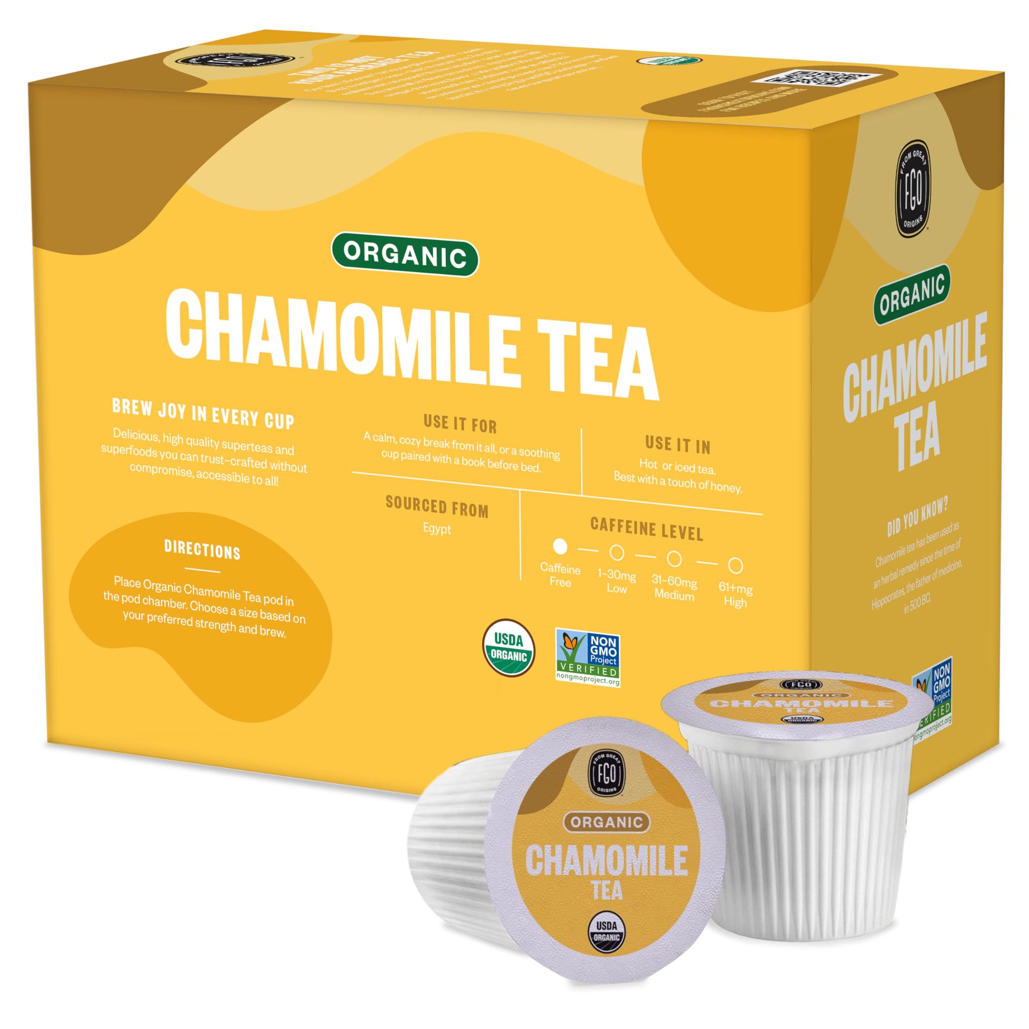 FGO Organic Chamomile Tea K-Cup Pods for Keurig, 24 Count (Pack of 1), Naturally Caffeine-Free Herbal Tea, USDA Organic, Non-GMO, & Recyclable