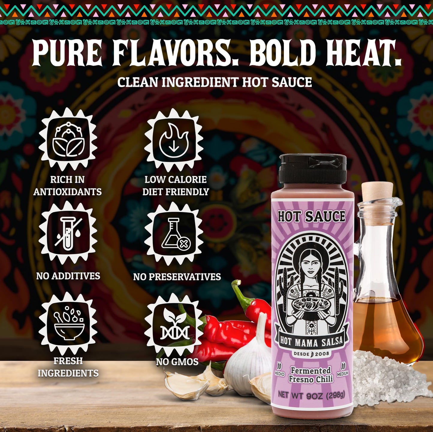 Hot Mama Salsa Fermented Fresno Chili - A Chili Hot Sauce with Natural Ingredient Rich in Antioxidants, Low Calorie, No Preservatives, Additives, or