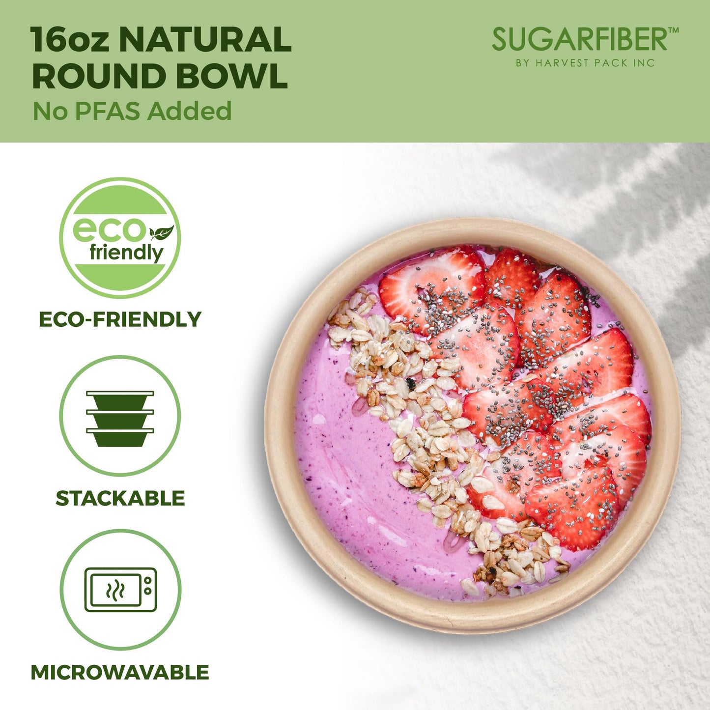 [125 SET]Sugarfiber by Harvest Pack 16oz PFAS FREE Round Paper Bowls with Flat Lids, Heavy-Duty Eco-Friendly Disposable Bagasse Bowls Sugarcane
