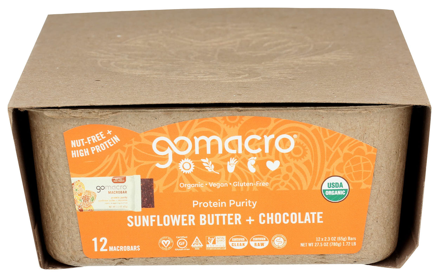 GoMacro MacroBar Organic Vegan Protein Bars - Sunflower Butter + Chocolate (2.3 Ounce Bars, 12 Count