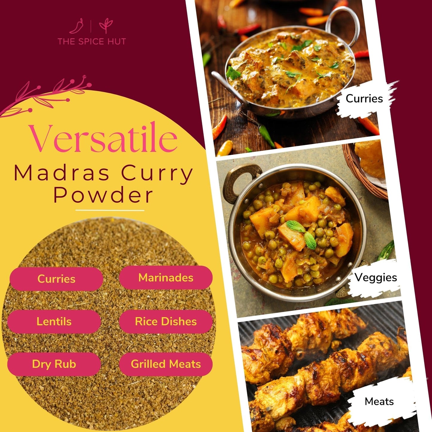 Spice Hut - Madras Curry Powder, Organic, No Salt, Madras Masala Indian Seasoning for Cooking Spicy South Asian Food / Yellow Indian Curry Desi Spice