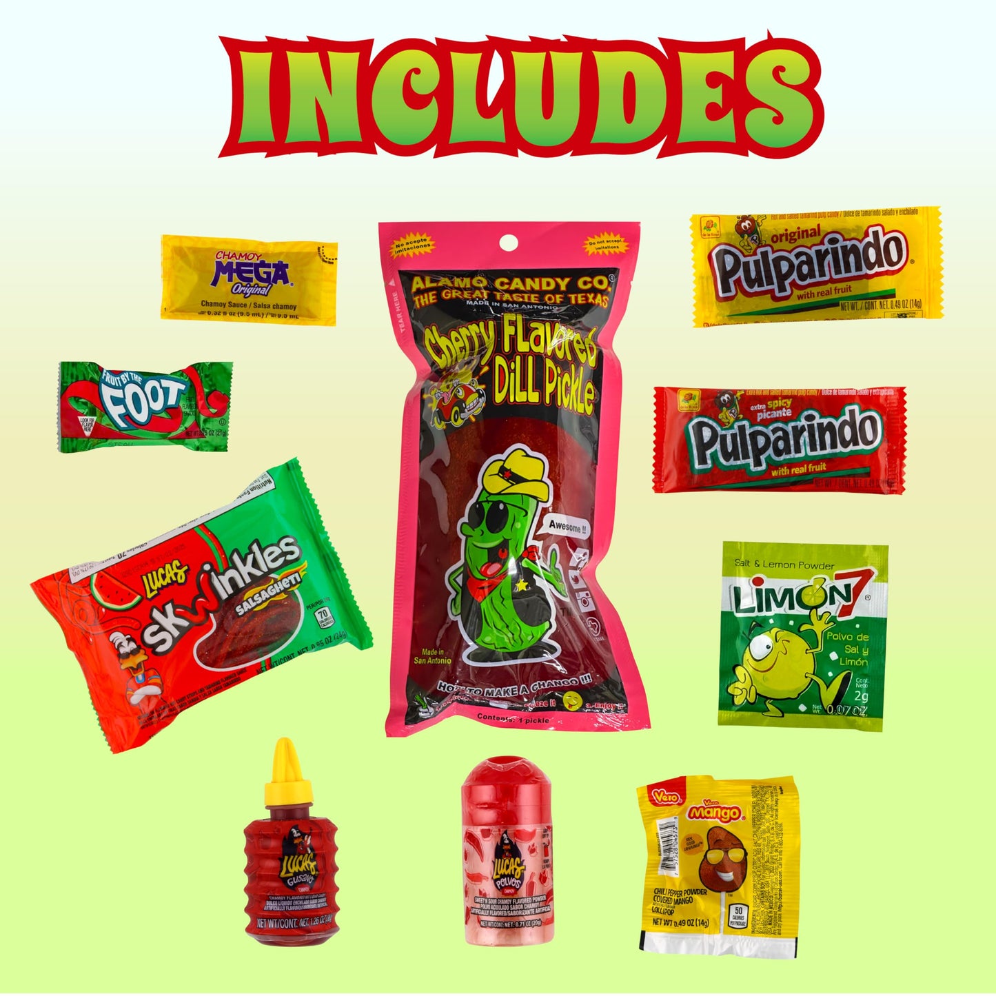 Alamo Cherry Pickle Kit, Mexican Candy Mix Ready to make the Famous TikTok Trend, Includes Original Alamo Dill Pickle, Baby Lucas, Lucas Gusano