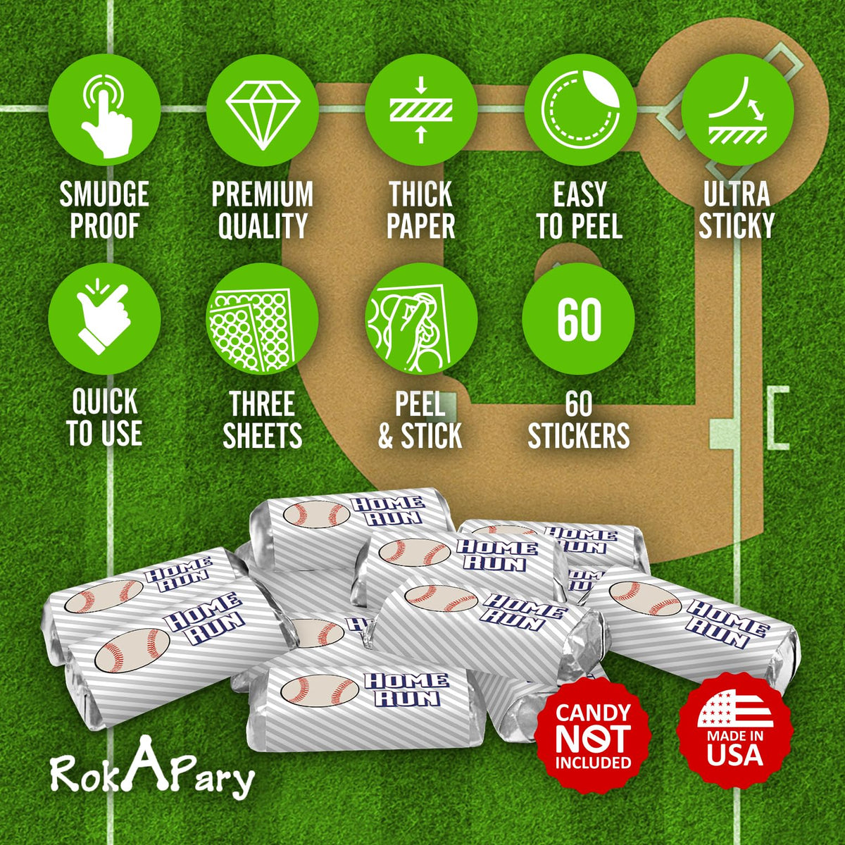60 Sports Baseball Miniature Candy Bar Wrapper, Mini Candy Bar Stickers for Birthday Party, Baby Shower, Wedding, Graduation, or Any Family Event