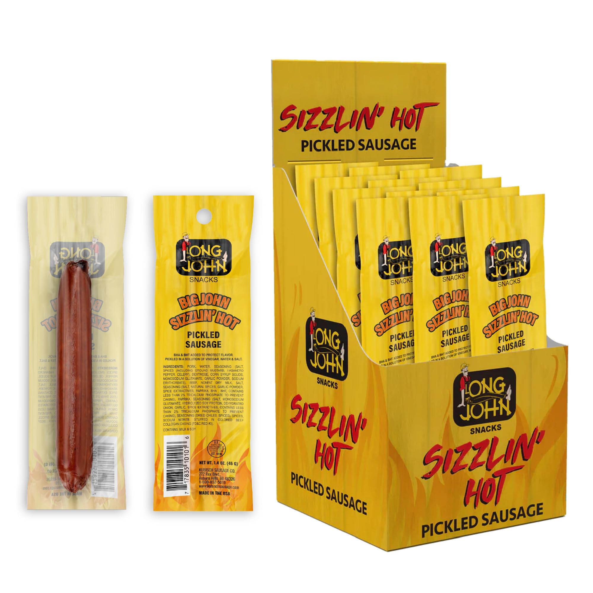 Long John Snacks Sizzlin' Hot Pickled Sausage - Smoked Gourmet Meat Stick - Hot Pickled Sausages High Protein Snack - Premium USA Pork and Beef Sticks