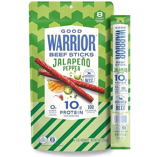 Good Warrior Beef Sticks, Jalapeno Pepper, 1 oz Sticks (8 Count), 10g Protein, 100 Calories, 0g Sugar, Grassfed & Finished Beef, Gluten Free