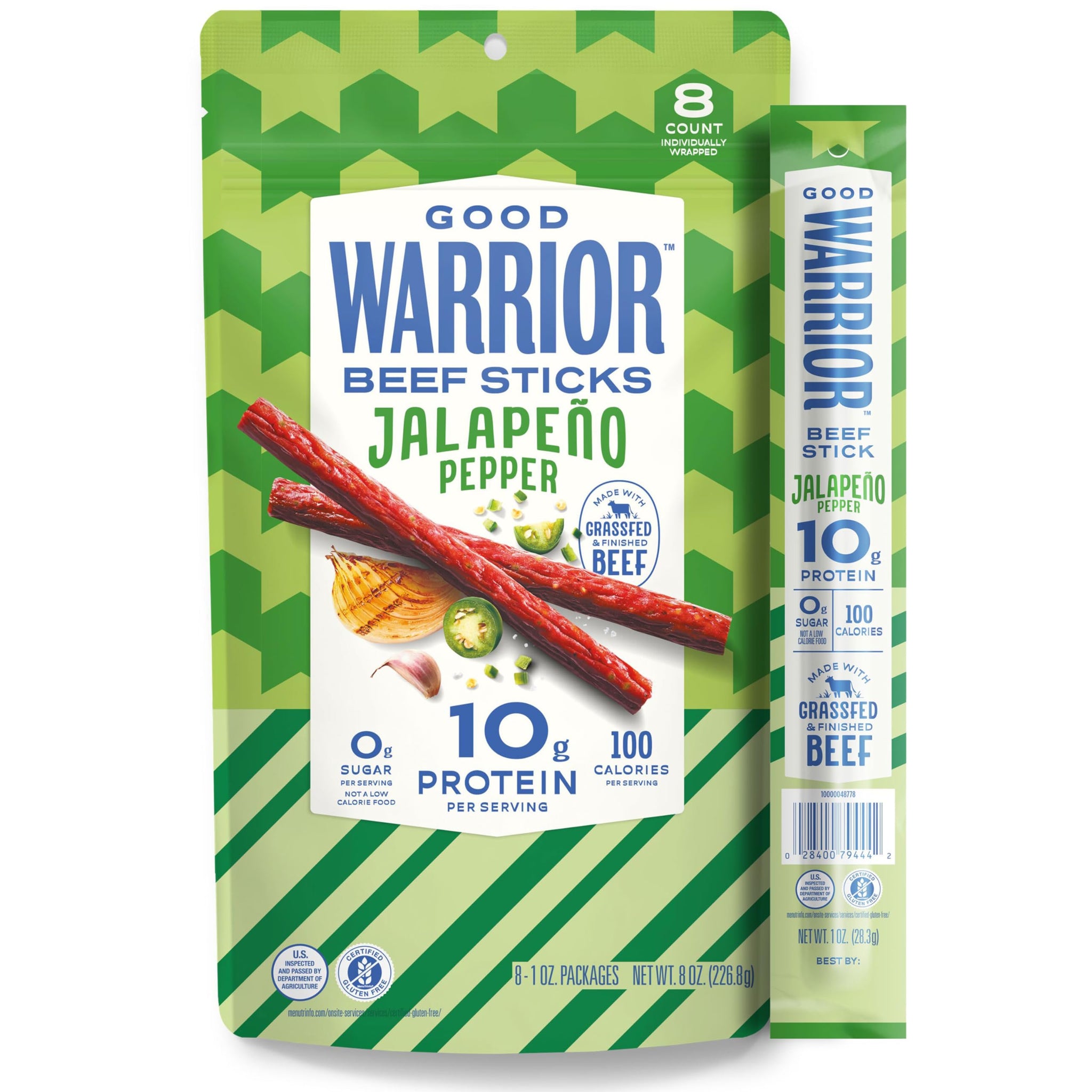Good Warrior Beef Sticks, Jalapeno Pepper, 1 oz Sticks (8 Count), 10g Protein, 100 Calories, 0g Sugar, Grassfed & Finished Beef, Gluten Free