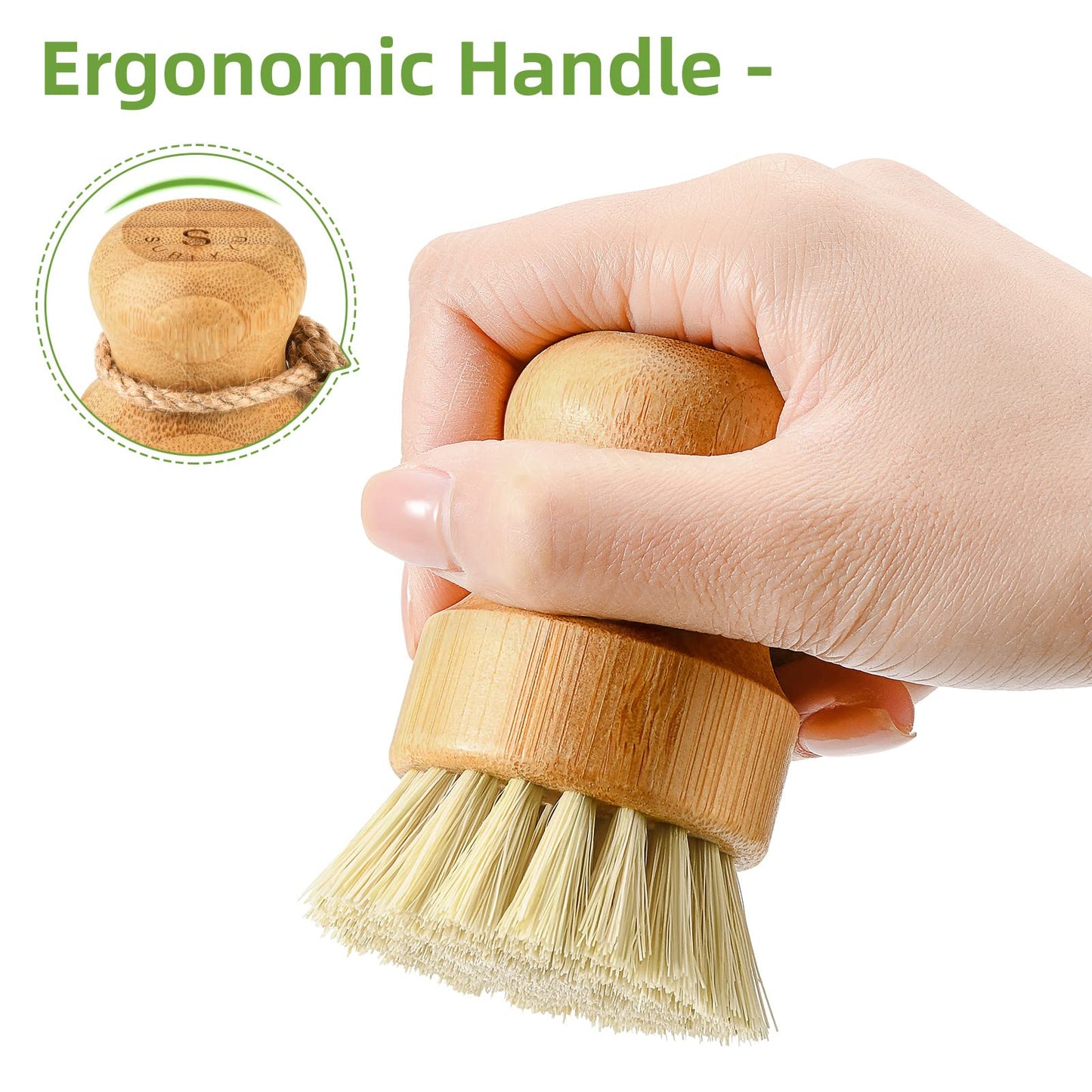 Bamboo Dish Scrub Brushes,Kitchen Wooden Cleaning Scrubbers Set for Washing Cast Iron Pan/Pot, Natural Sisal Bristles, Set of 3