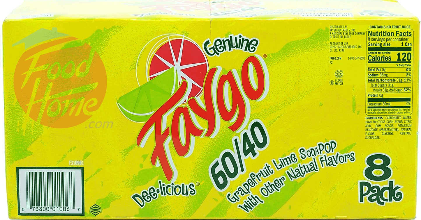 Faygo 60/40! grapefruit lime flavor soda pop. 8-pack 12-fl. oz. cans in box (1)