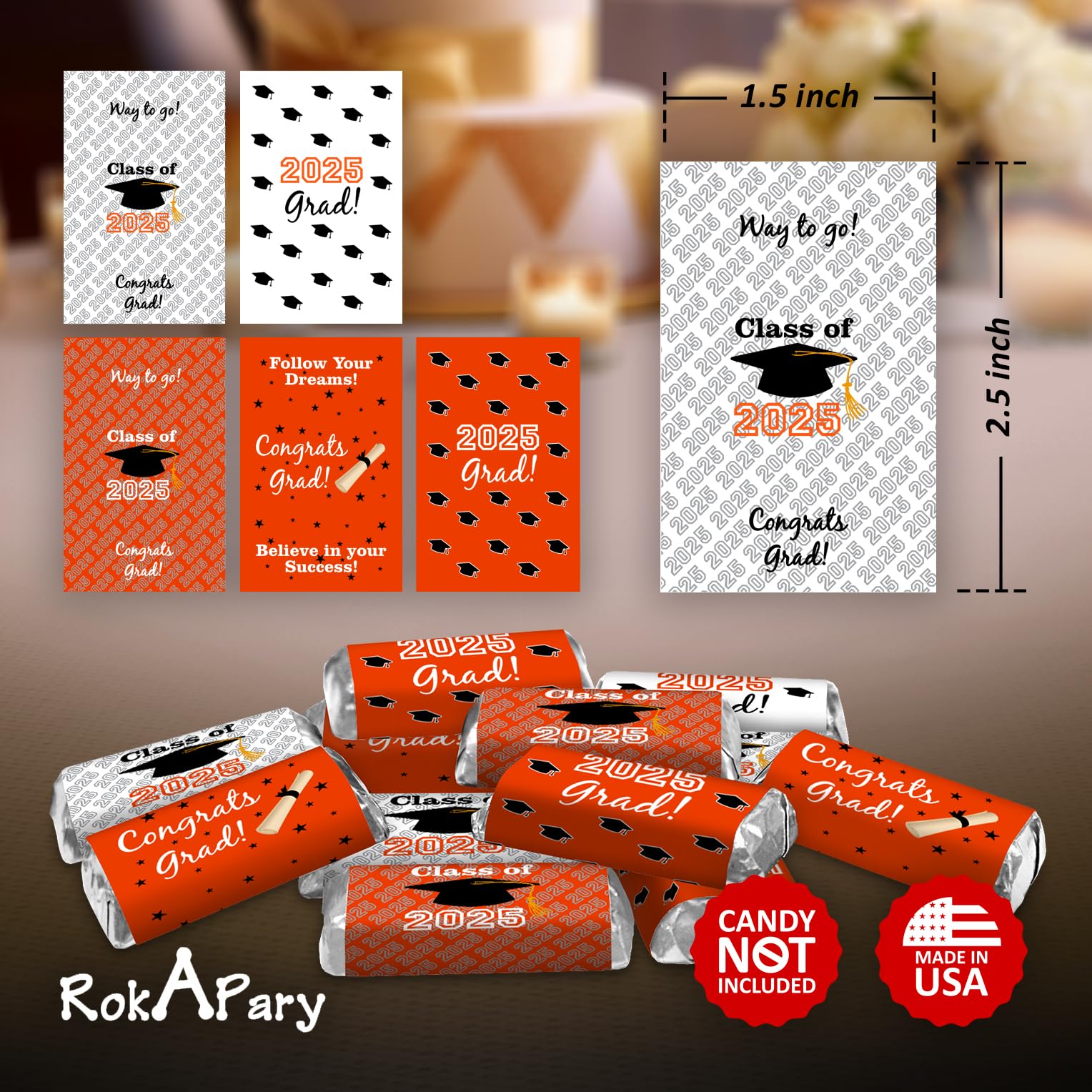 60 New Graduation Cap Party Class of 2026 Miniatures Candy Bar Wrapper, Mini Candy Chocolate Bar Stickers, Labels, Candy Not Included, Color Orange