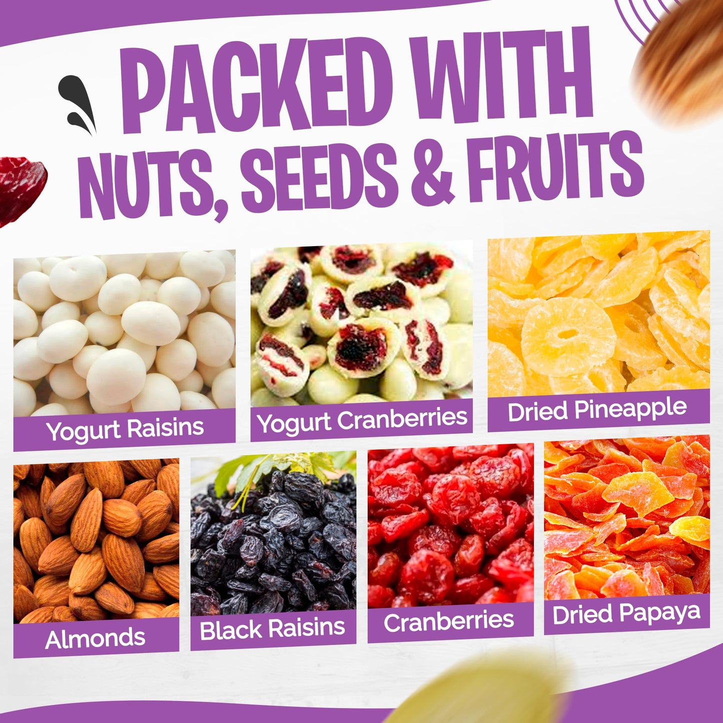 Tidbit Healthy Trail Mix Nuts Mix with Yogurt Cranberries, Yogurt Raisins, Dried Papaya, Pineapple, Banana Chips, Black Raisins & Almond - Tropical