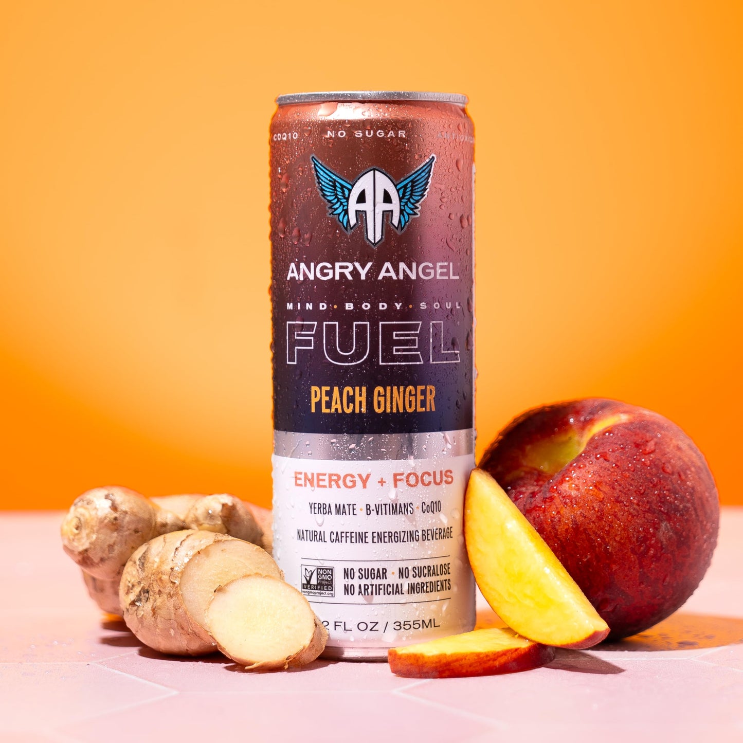 Angry Angel Peach Ginger Natural Energy + Focus Drink (12 count) - Zero Sugar - Natural Caffeine from Yerba Mate - CoQ10 - B Vitamins - 12 oz Cans