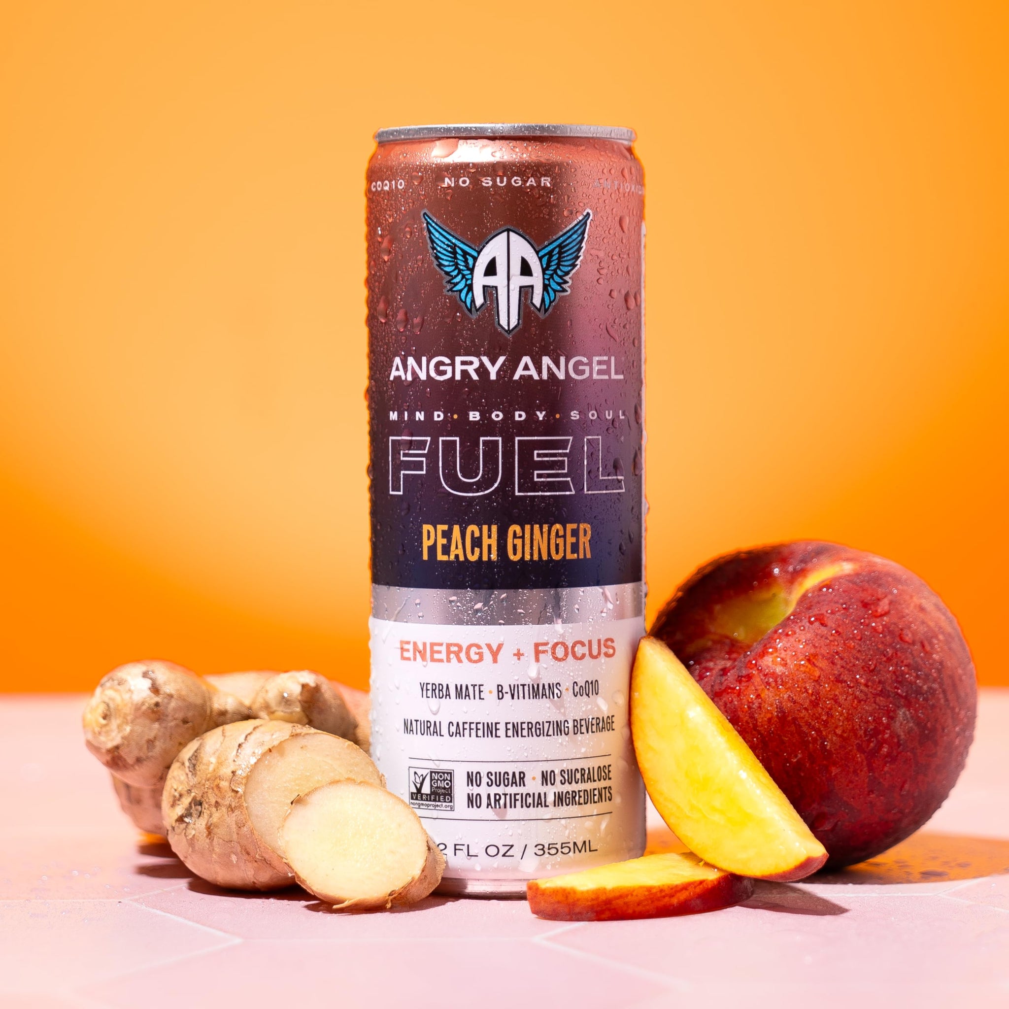 Angry Angel Peach Ginger Natural Energy + Focus Drink (12 count) - Zero Sugar - Natural Caffeine from Yerba Mate - CoQ10 - B Vitamins - 12 oz Cans