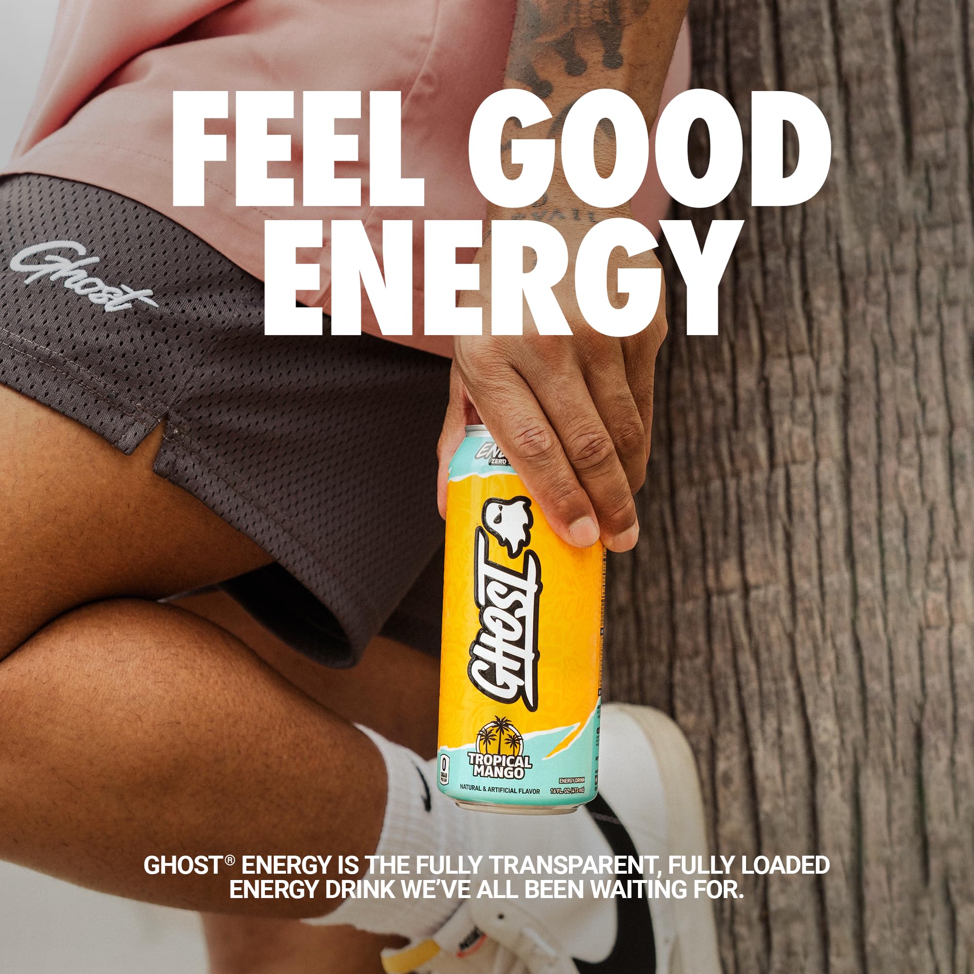 GHOST Energy Drink - 12-Pack, Tropical Mango, 16oz Cans - Energy & Focus & No Artificial Colors - 200mg of Natural Caffeine, L-Carnitine & Taurine