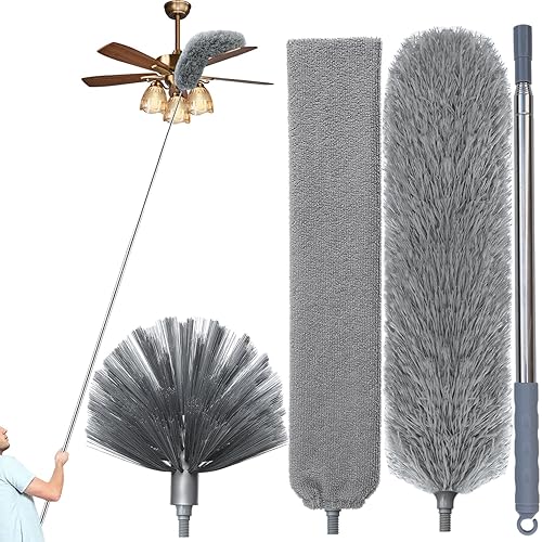 100" Microfiber Feather Dusters for Cleaning, Cobweb Duster with Extension Pole, Spider Web Brush & Ceiling Cleaning Tools, Dust Remover Set