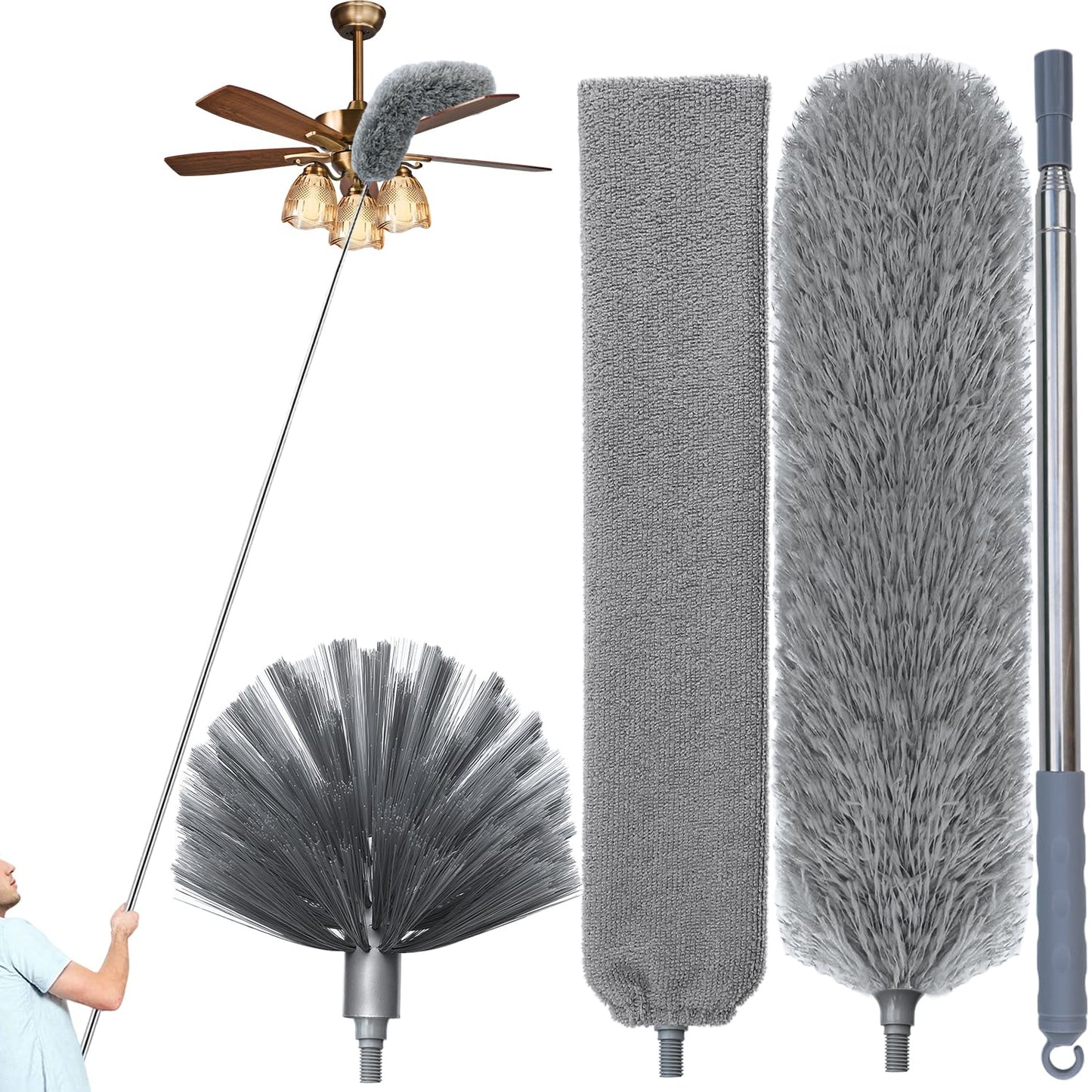 100" Microfiber Feather Dusters for Cleaning, Cobweb Duster with Extension Pole, Spider Web Brush & Ceiling Cleaning Tools, Dust Remover Set