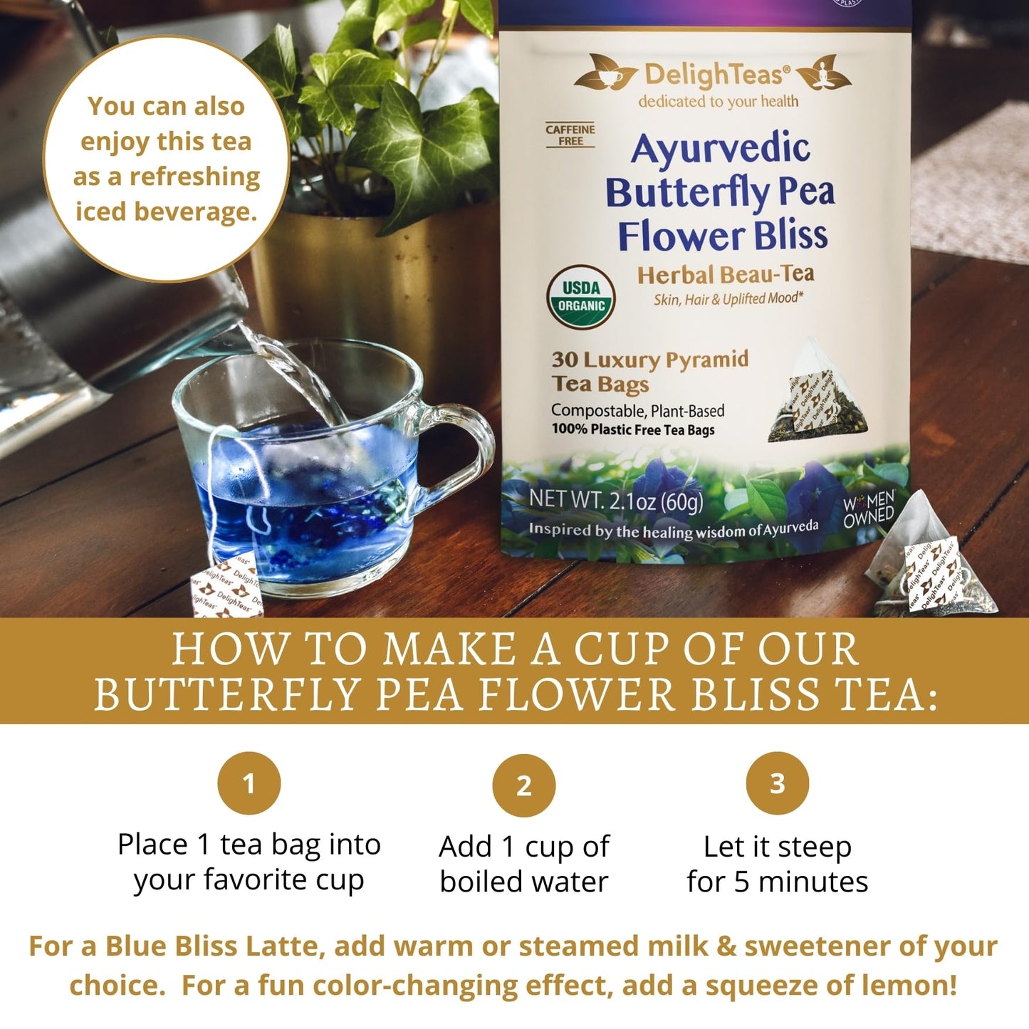 DelighTeas Organic Butterfly Pea Flower Bliss Tea | Eco-Conscious Pyramid Tea Bags | With Ginger, Lemongrass & Licorice | USDA Organic, Vegan