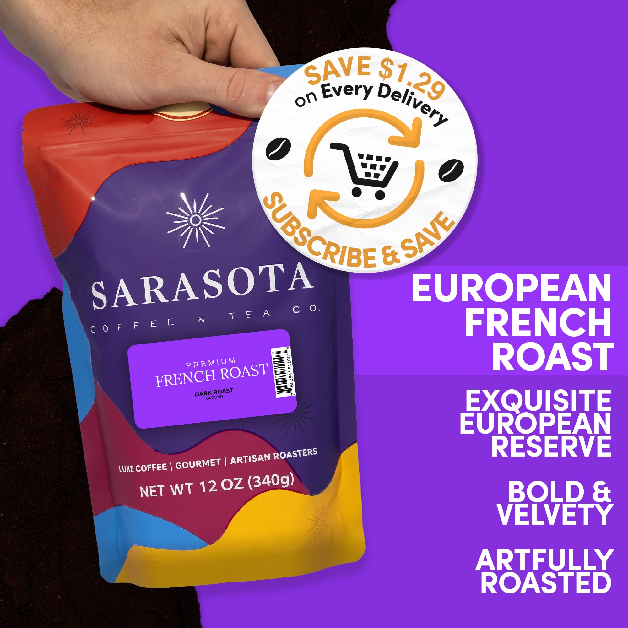 French Roast Ground Coffee | Dark Roast European Coffee | Extra Bold Strong Ground | Low Acid, Specialty Grade | 12 oz