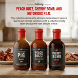 PS Seasoning Sweet Spicy BBQ Sauce Variety 3 Pack - Peach Buzz, Cherry Bomb, and Notorious PIG Gourmet Barbecue Sauce Set for Grilling Cooking