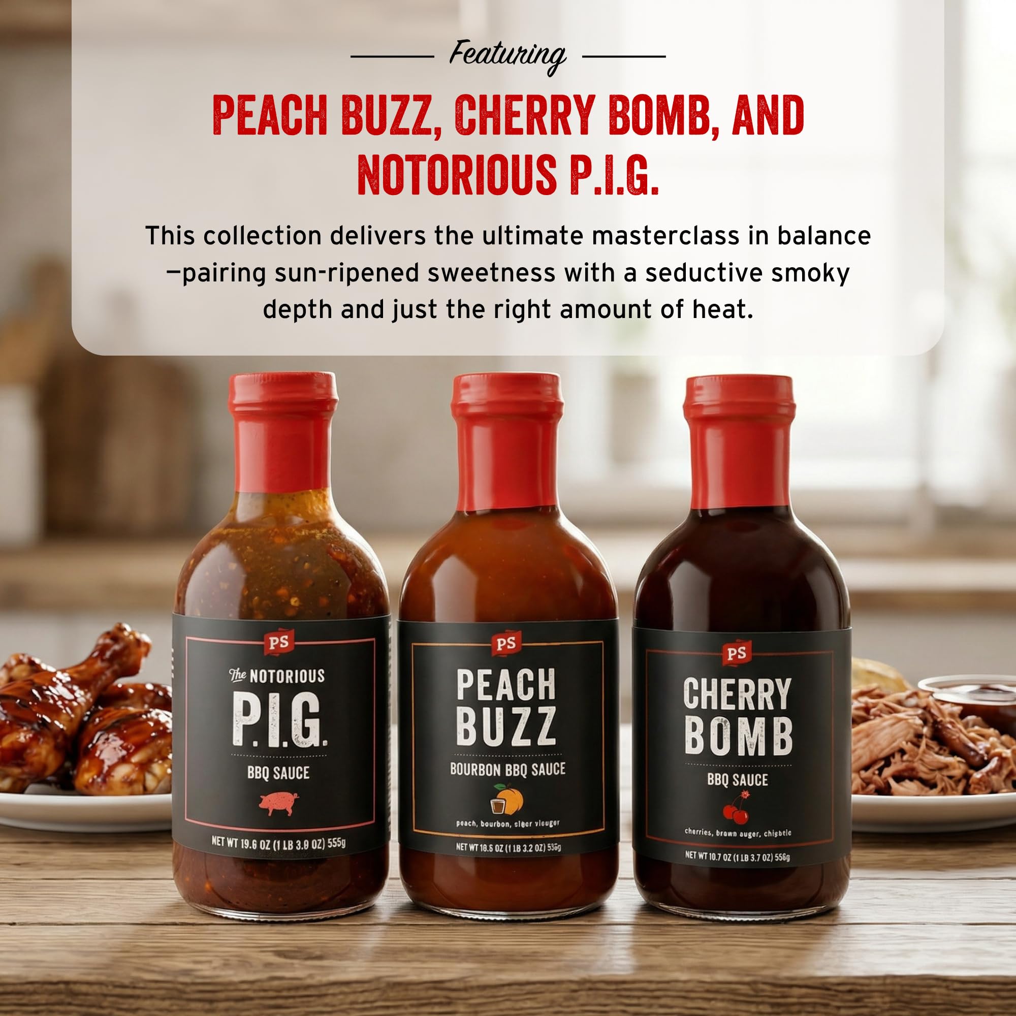 PS Seasoning Sweet Spicy BBQ Sauce Variety 3 Pack - Peach Buzz, Cherry Bomb, and Notorious PIG Gourmet Barbecue Sauce Set for Grilling Cooking