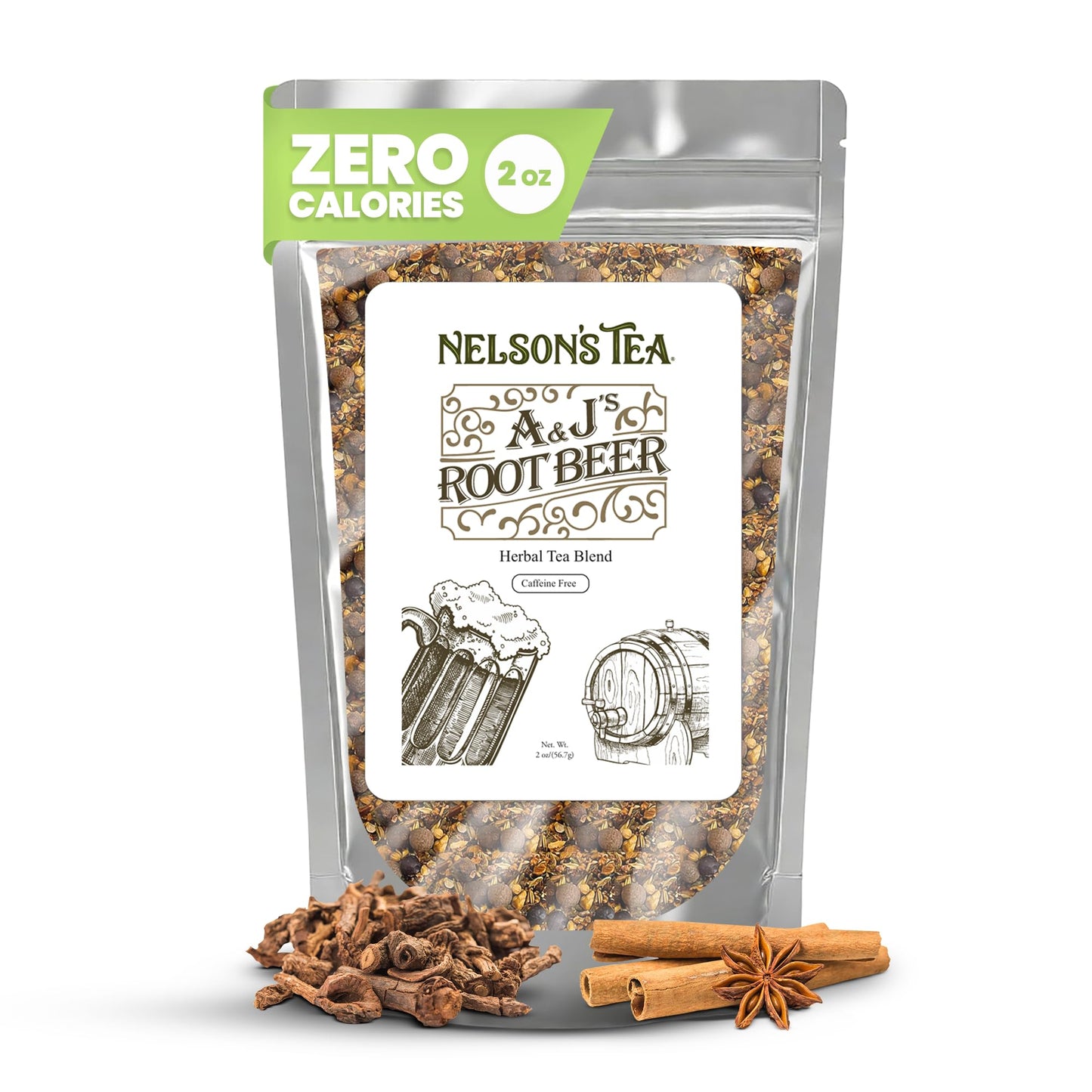 Nelson's Tea A&J's Root Beer - Cut & Sifted Sarsaparilla Root Tea Loose Leaf - Caffeine Free, Harmonious Herbal Blend of Burdock, Birch Bark