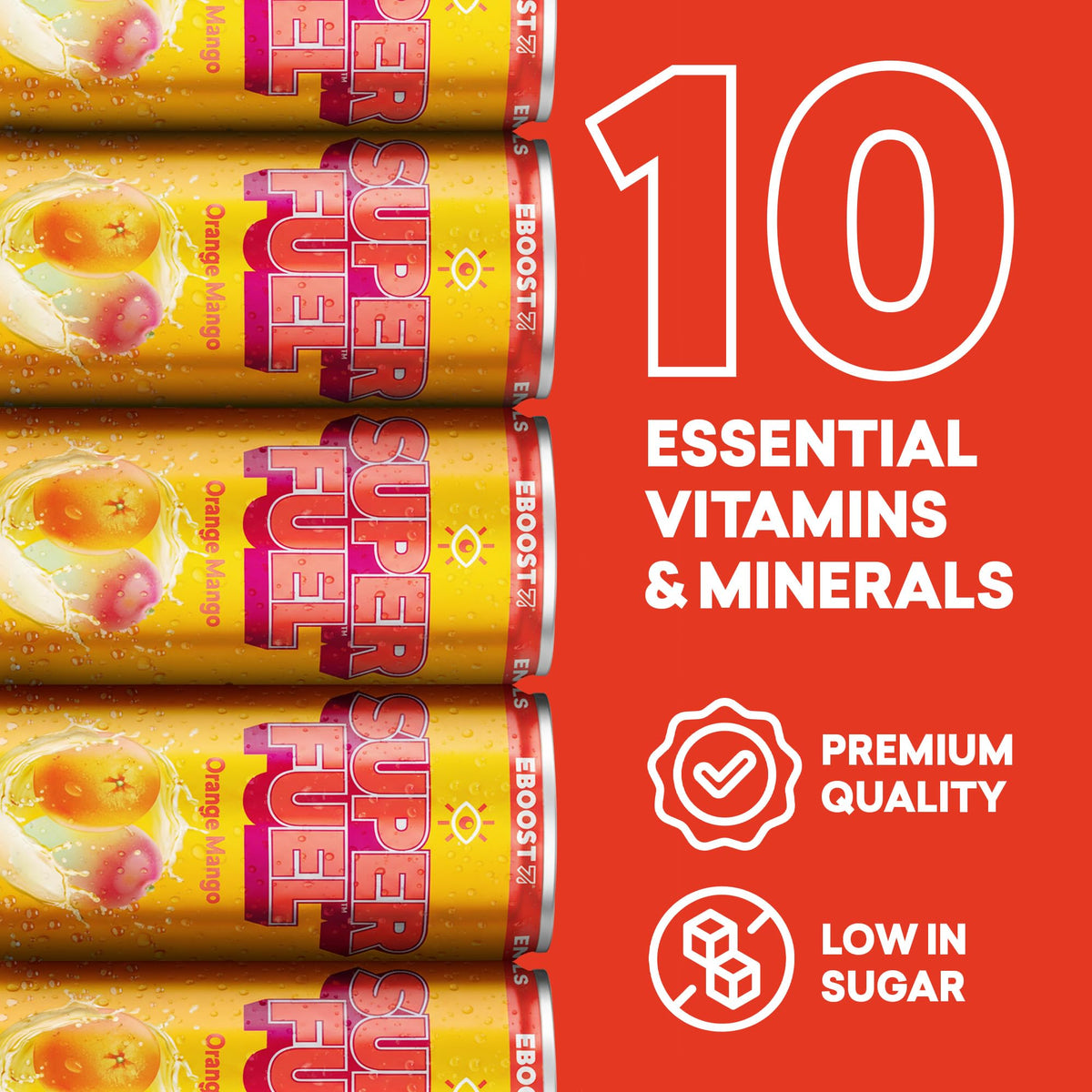 EBOOST SUPER FUEL Healthy Energy Drink - Orange Mango: 12 Healthy Energy Drinks - Focus & Productivity - 110 mg Caffeine + Nootropics, & Electrolytes