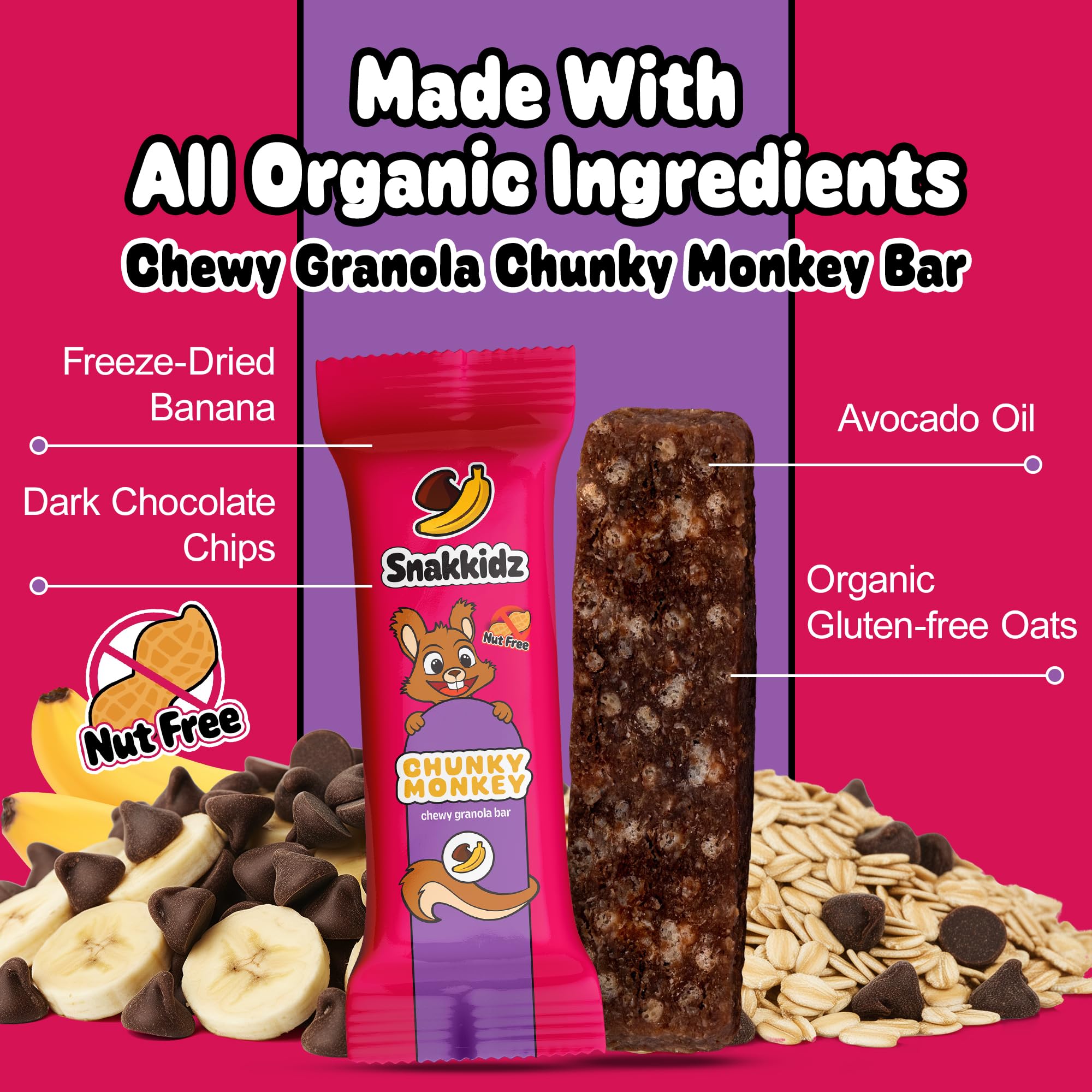 Snakkidz Organic Chewy Granola Bars for Kids, Allergen-Free, Nut-Free, Gluten-Free, Low Sugar Snack Bars Made with Avocado Oil, Individually Wrapped