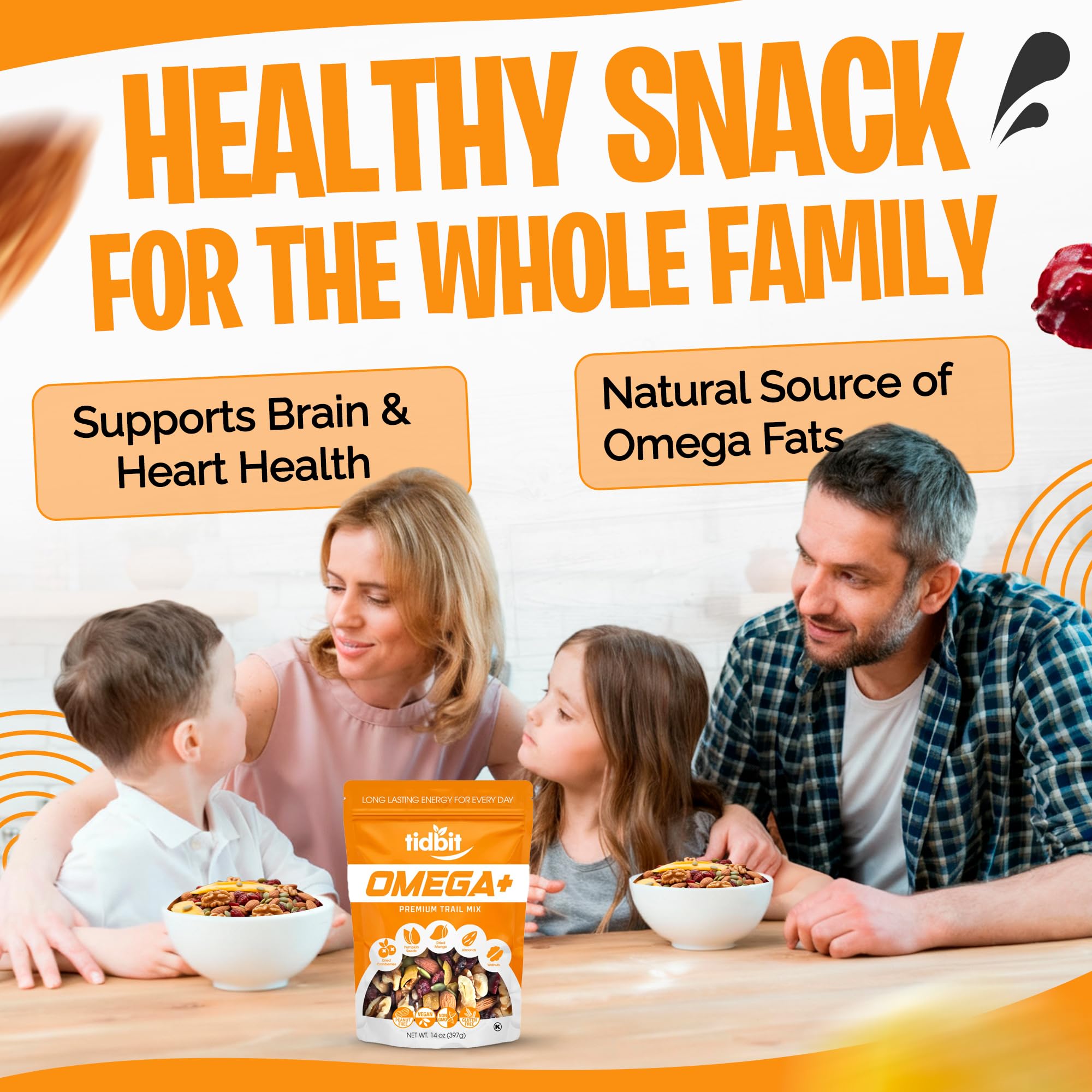Tidbit Peanut Free Healthy Trail Mix with Almonds, Walnuts, Pumpkin Seeds, Dried Mango & Cranberries - Mixed Nuts with Omega Energy, Vegan Gluten Free