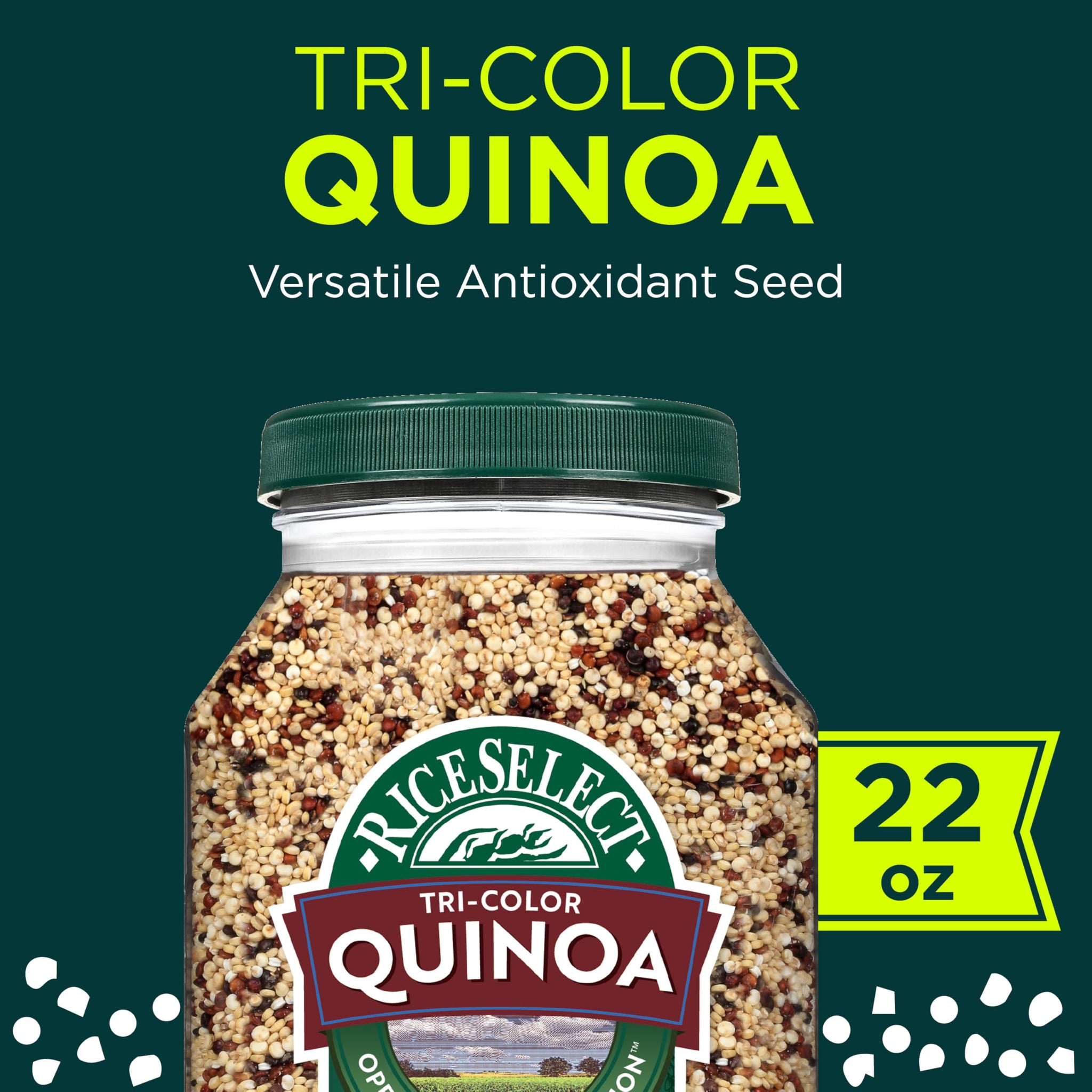 RiceSelect Tri-Color Quinoa, Premium Blend of White, Red and Black Quinoa Seeds, Gluten-Free, Kosher, Non-GMO, Good Source of Fiber and Protein, 22oz Jar (Pack of 1)