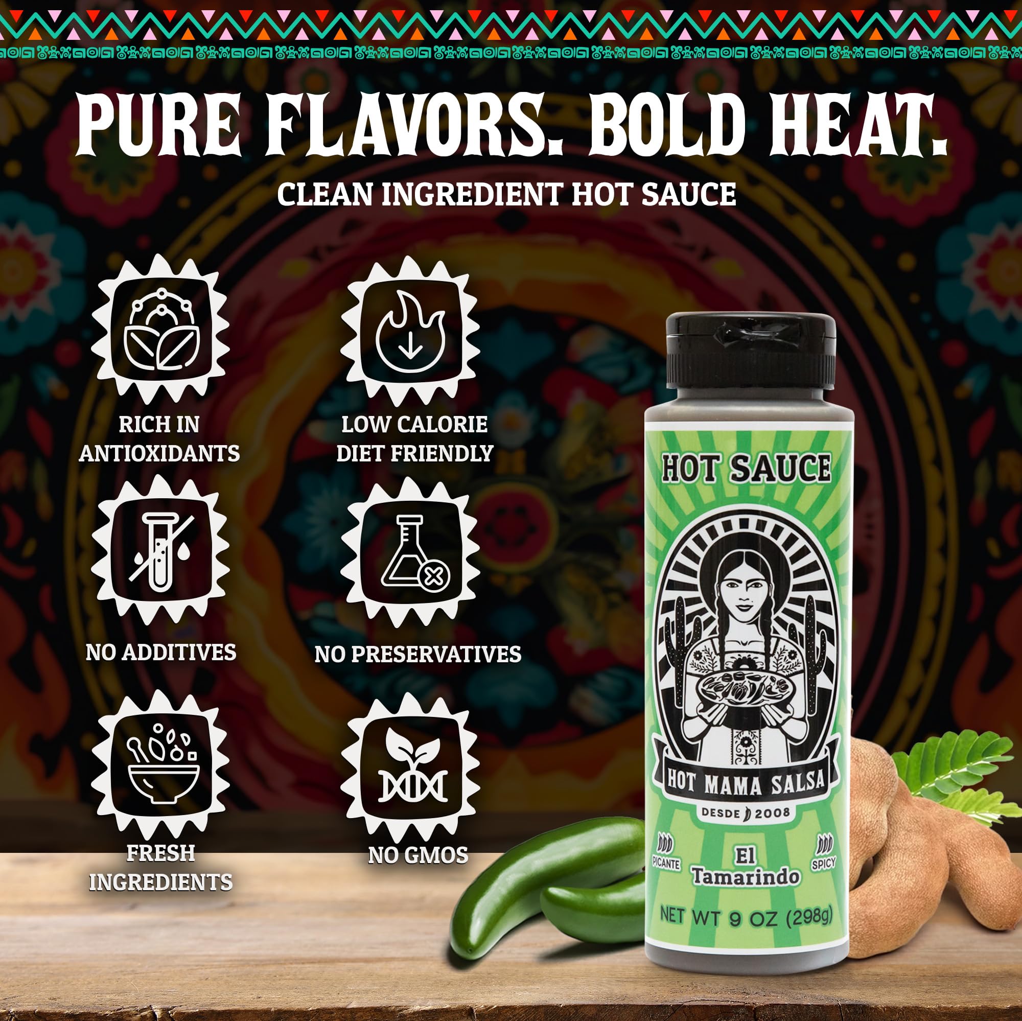 Hot Mama Salsa El Tamarindo - A Chili Hot Sauce with Natural Ingredient Rich in Antioxidants, Low Calorie, No Preservatives, Additives, or GMOs