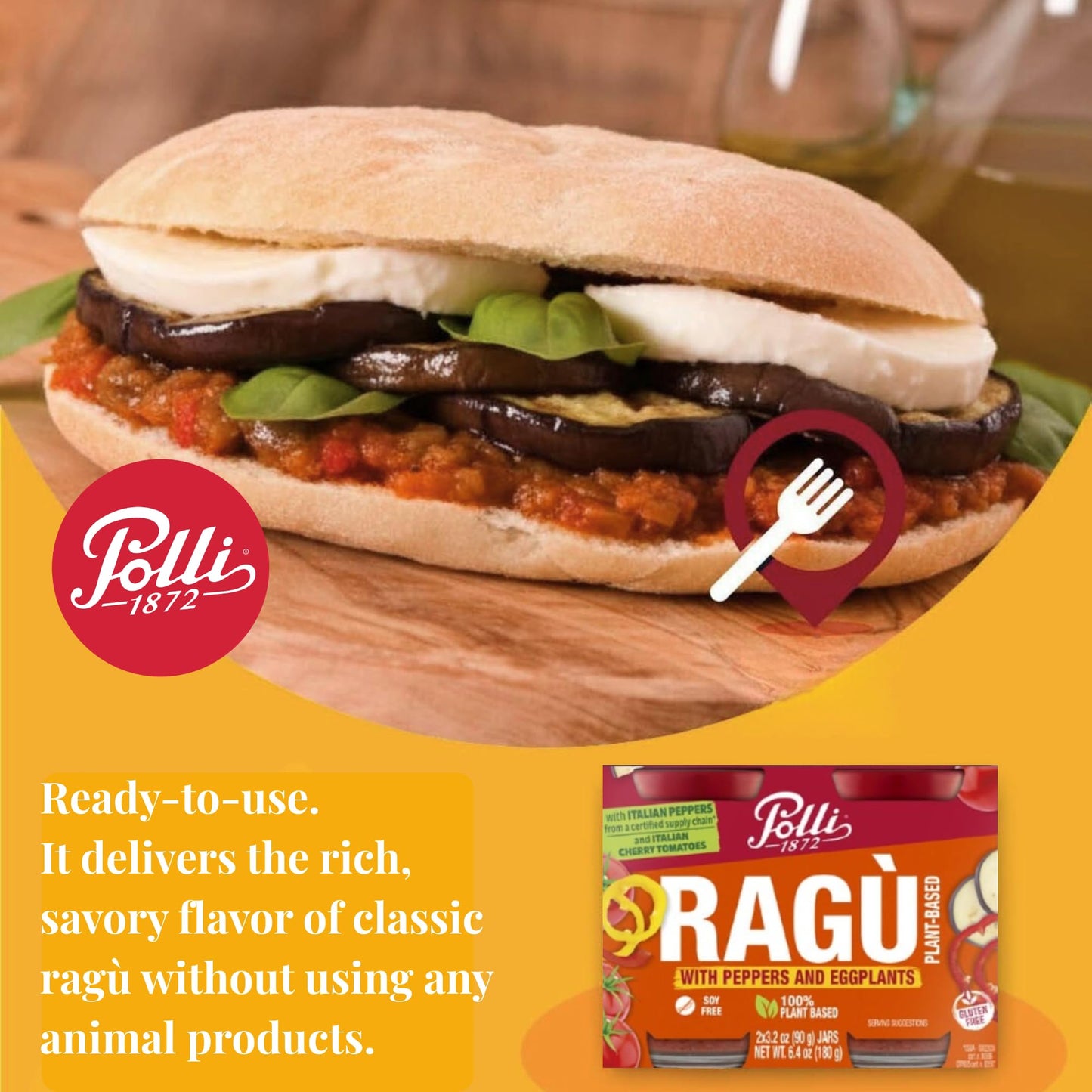 Polli Plant Based Ragù with Peppers & Eggplant - Italian Vegetable Pasta Sauce, Gluten Free, Mediterranean Tomato Sauce, Made in Italy, 2 x 3.2 oz
