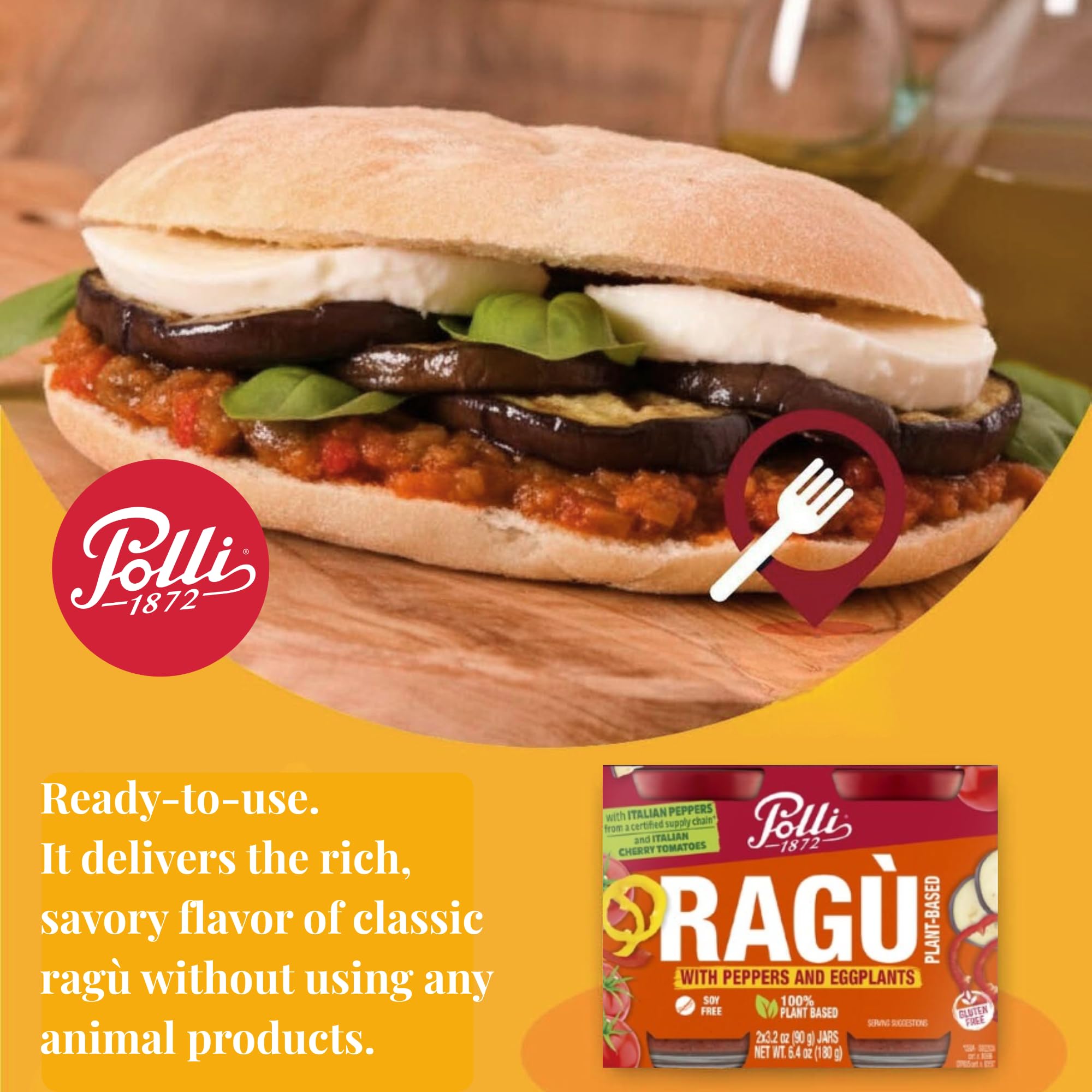 Polli Plant Based Ragù with Peppers & Eggplant - Italian Vegetable Pasta Sauce, Gluten Free, Mediterranean Tomato Sauce, Made in Italy, 2 x 3.2 oz