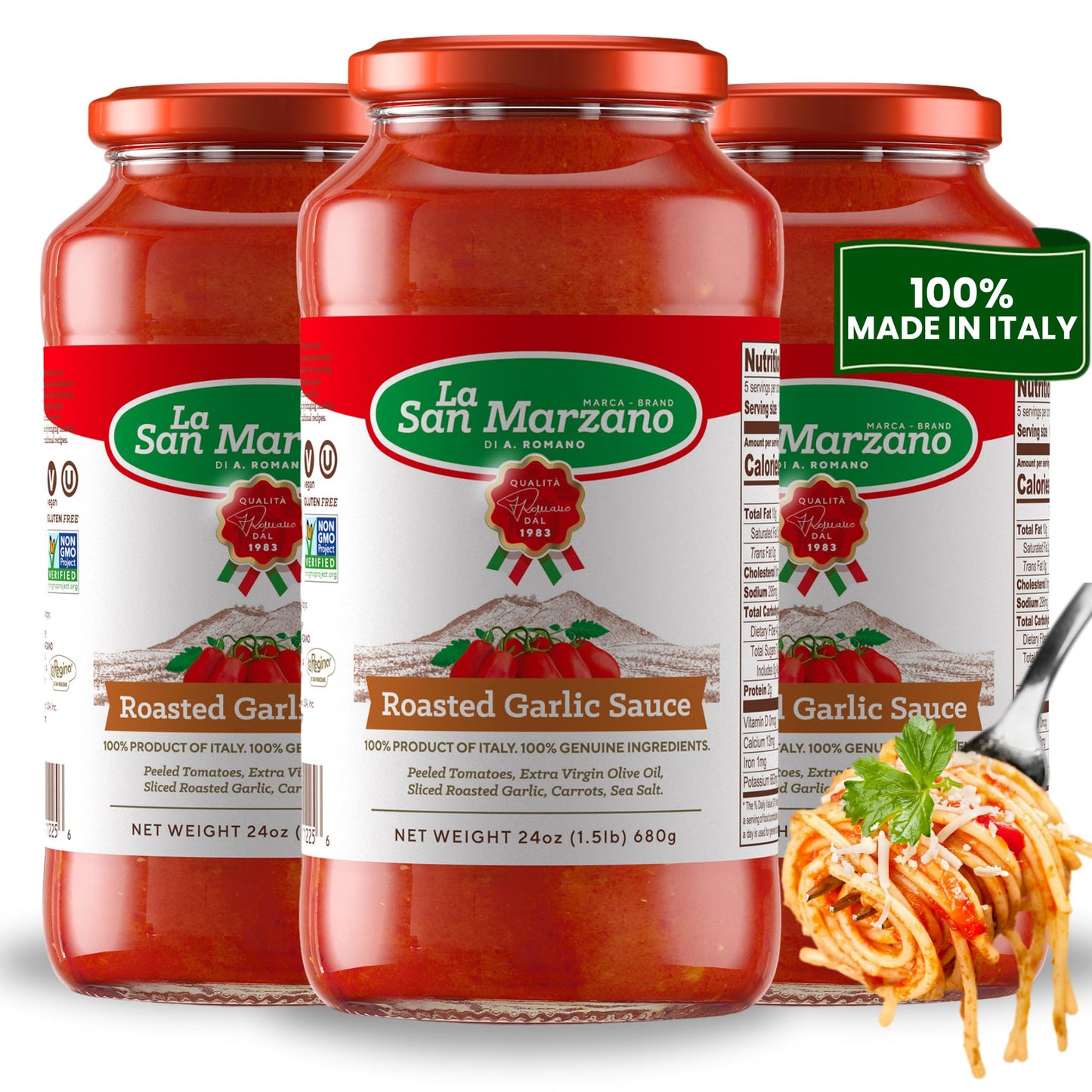 La San Marzano Roasted Garlic Sauce, 24 oz, Pasta Sauce Made in Italy, All Purpose Tomato Premium Quality, All Natural, Mediterranean Diet, Non GMO