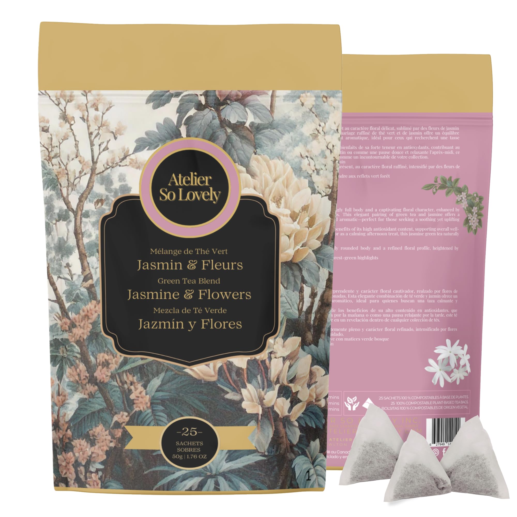 Atelier So Lovely Jasmine Green Tea, Organic, Floral, Low Caffeine, Green Tea with Jasmine Petals