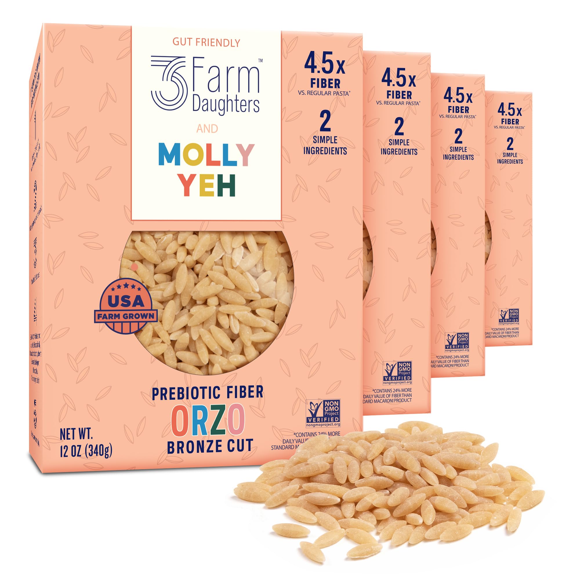 Three Farm Daughters X Molly Yeh High Fiber Orzo Pack, Irresistible, Low GI, Non GMO Orzo Pasta Noodles, Low Net Carb, Made in the USA from Just 2